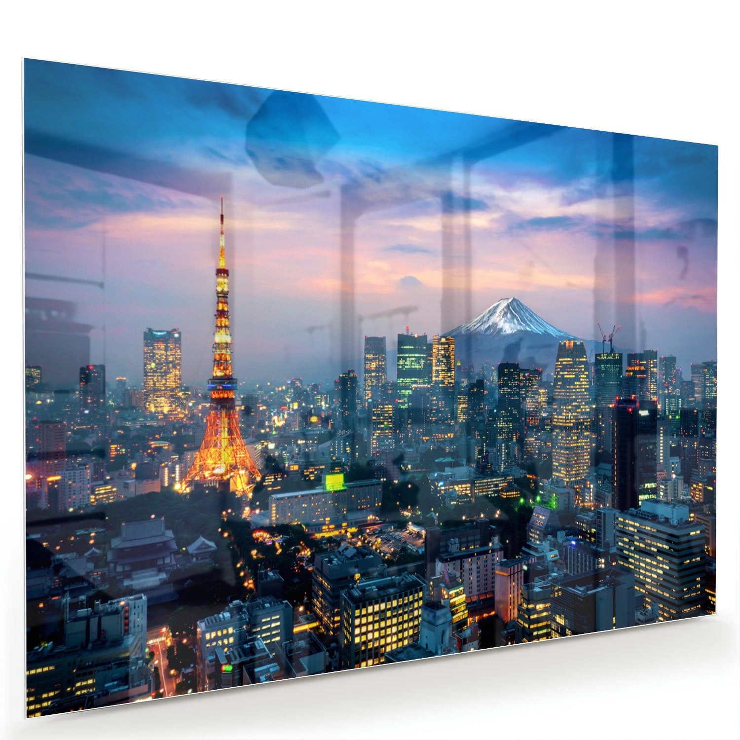 Glazen schilderij van Tokyo met de Tokyo Tower en Mount Fuji in de achtergrond