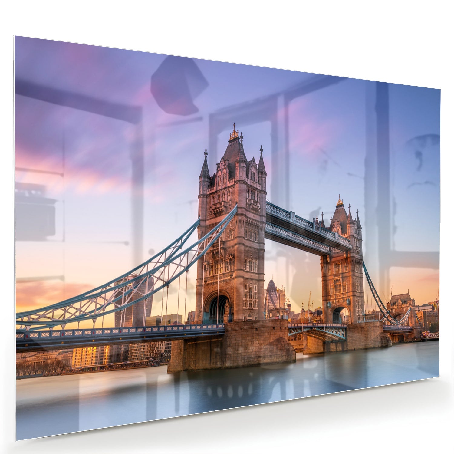 Glas schilderij van de Tower Bridge in Londen met een zonsondergang op de achtergrond.