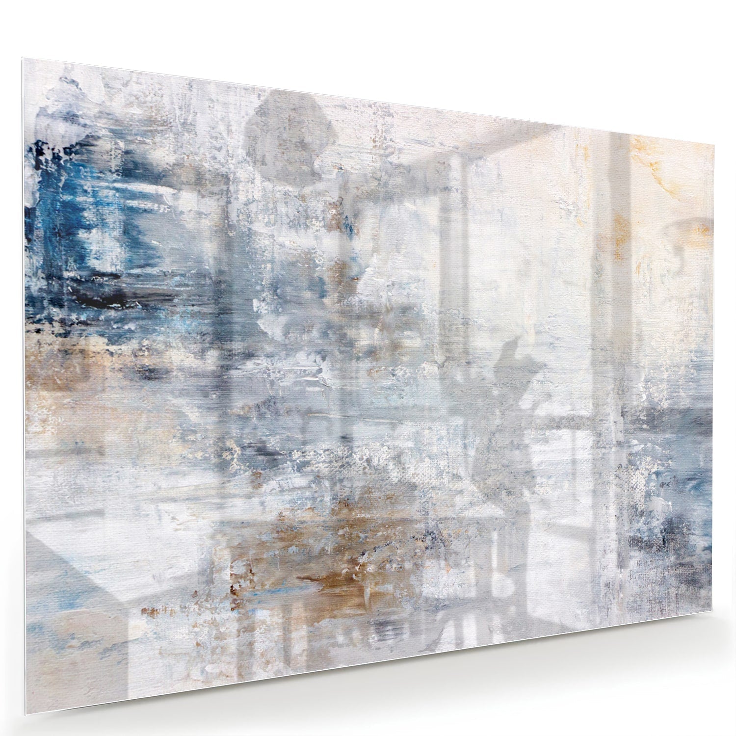 Abstract glazen schilderij met blauwe en neutrale tinten in woonkamer