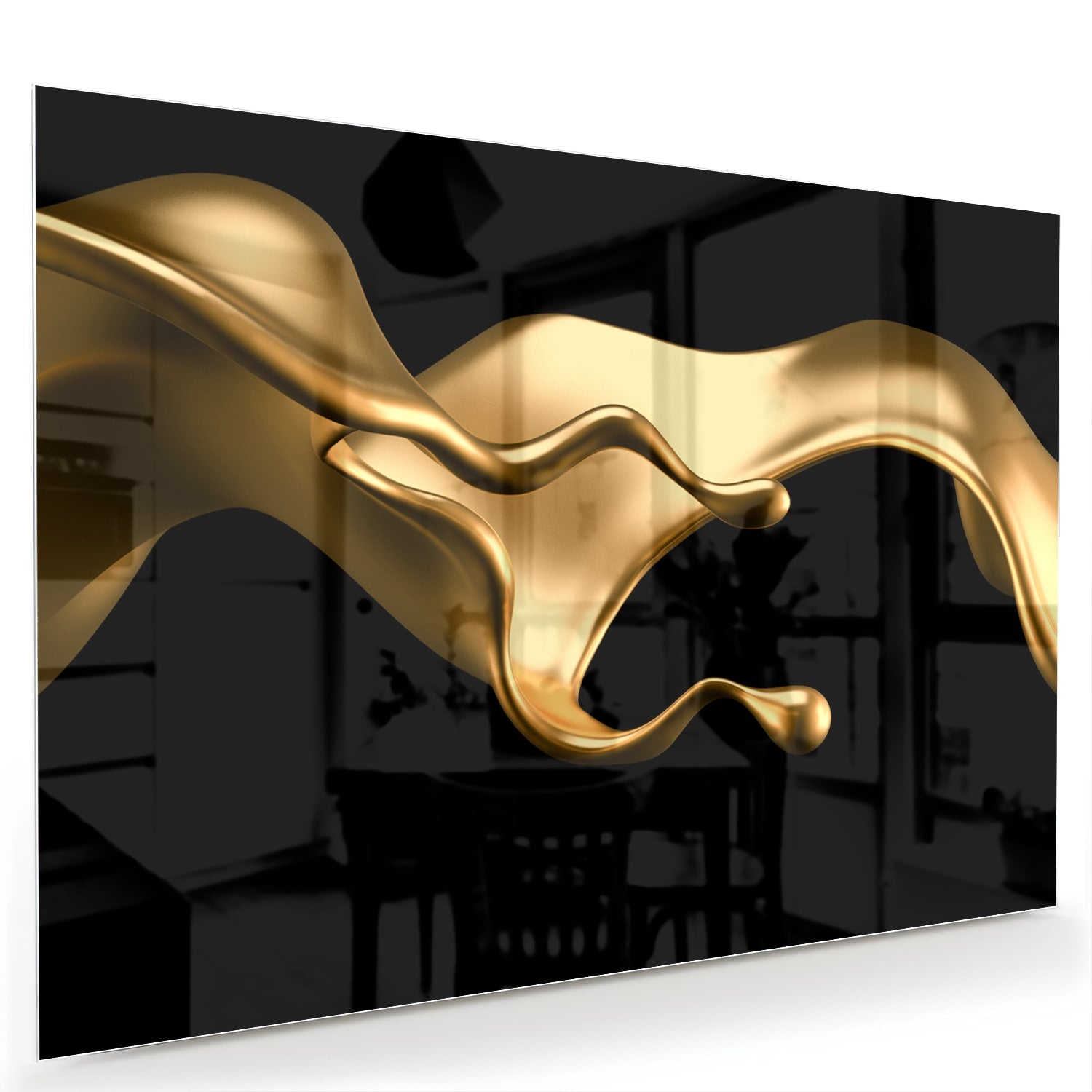 Gouden abstract glas schilderij met zwarte achtergrond, perfect voor moderne interieurs.