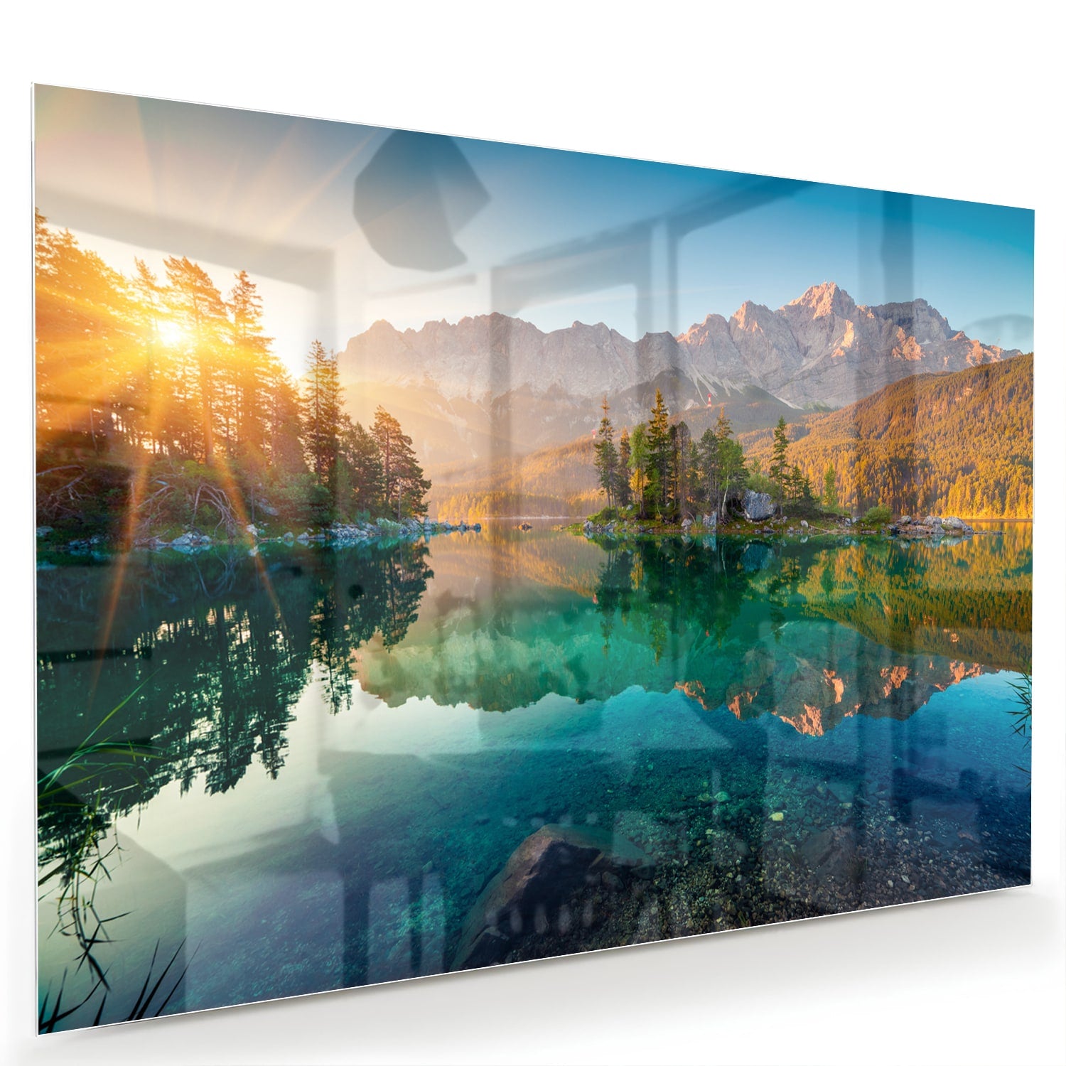 Glazen schilderij van een berglandschap met reflectie in het meer.