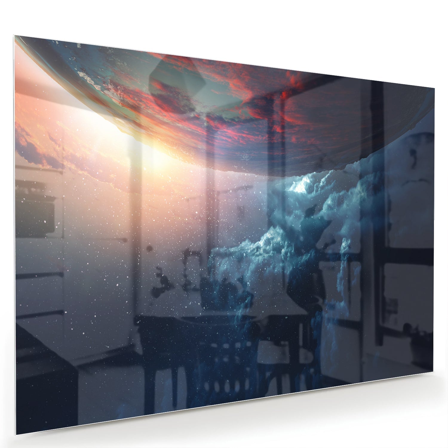 Glazen schilderij met een kosmisch uitzicht en kleurrijke lucht in woonkamer.