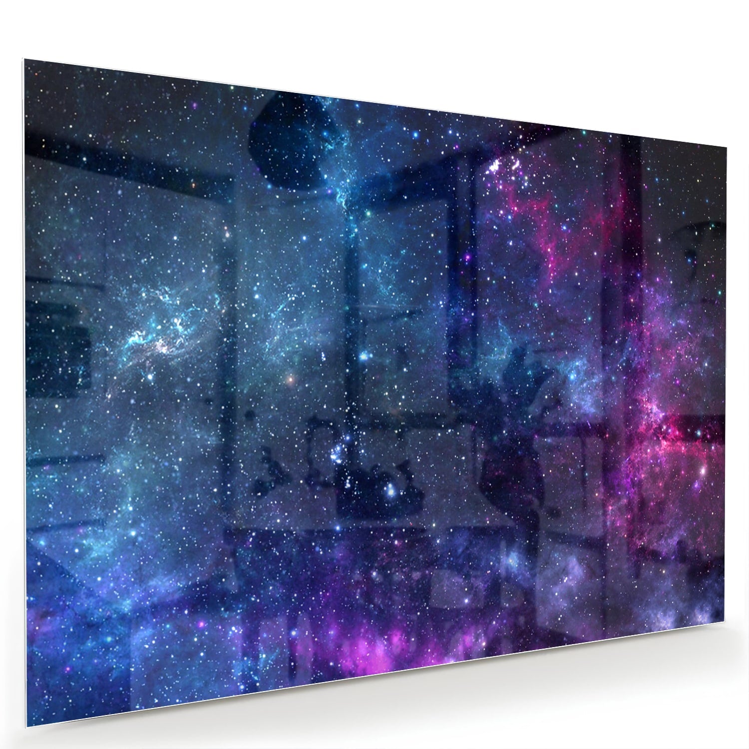 Glazen schilderij van het universum met kleurrijke sterren en nevels.