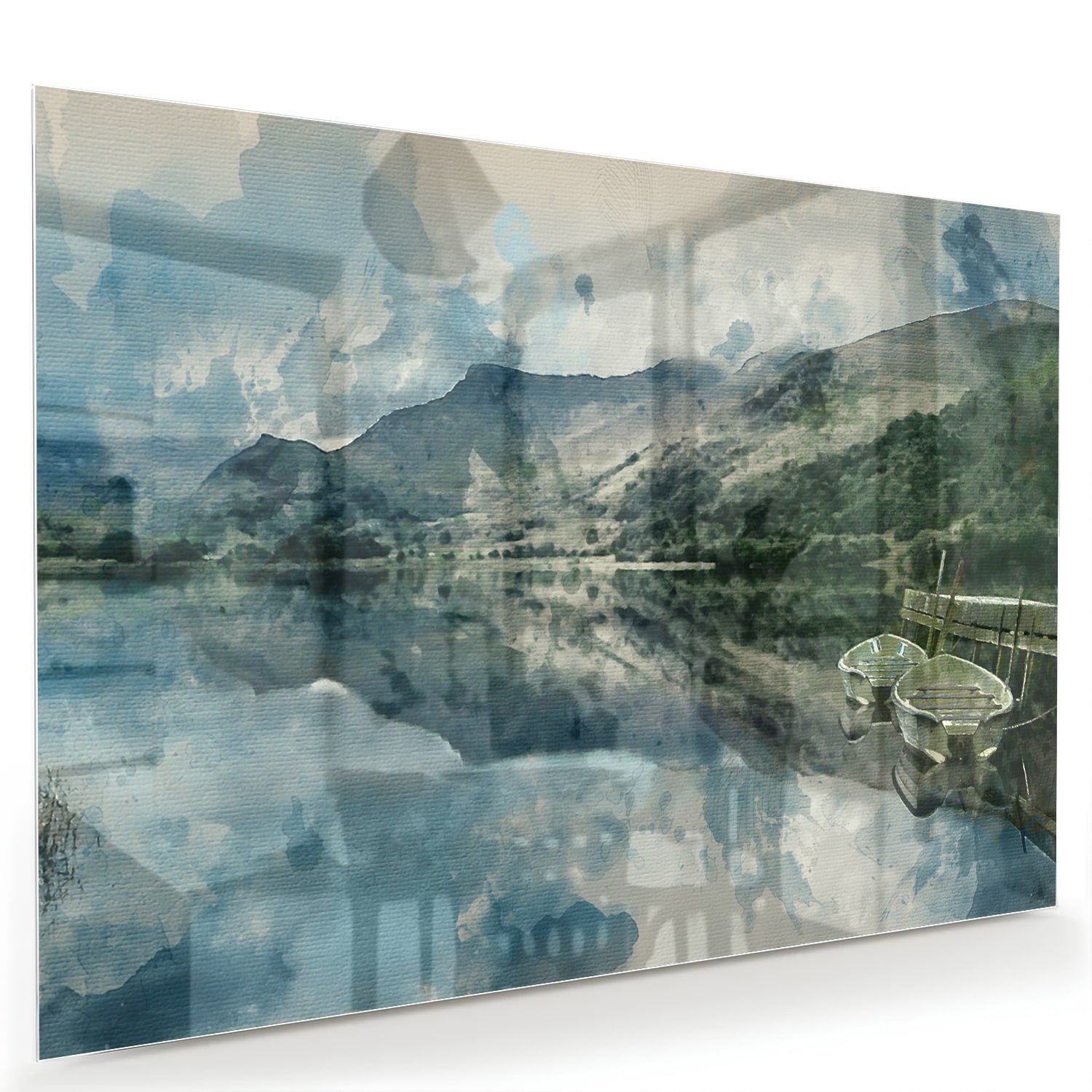 Glazen schilderij van een serene landschap met blauw meer en bergen