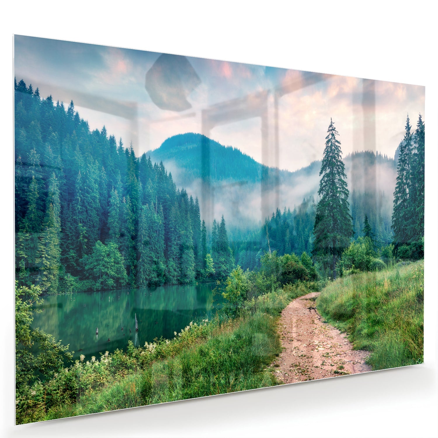 Glazen schilderij van een berglandschap met een pad en bomen