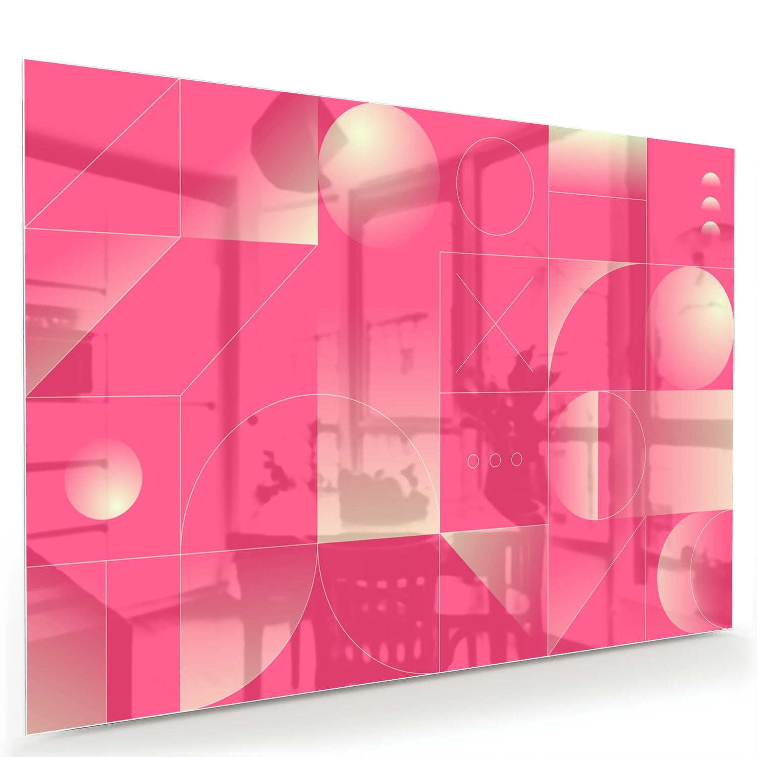 Modern glazen schilderij in frisroze met geometrische vormen.