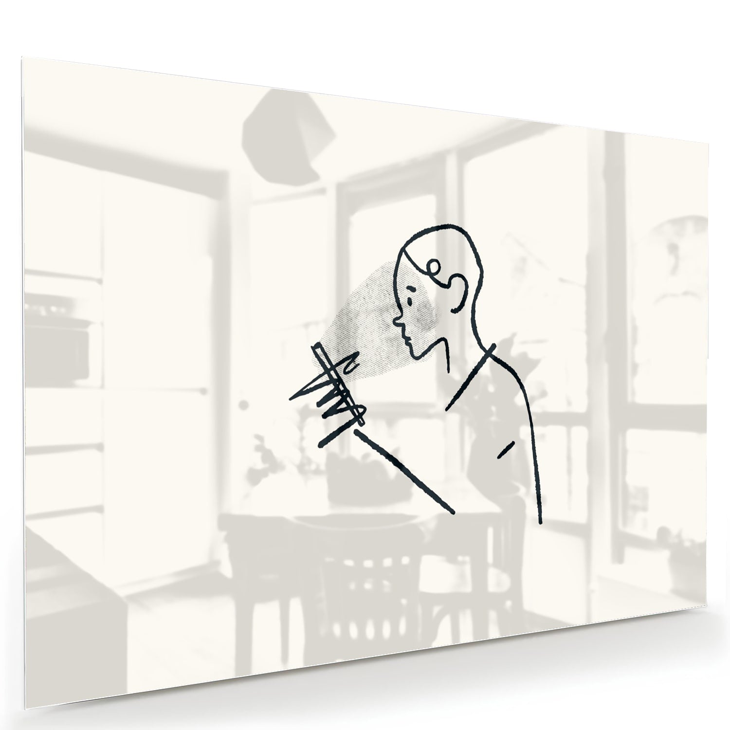 Minimalistisch glazen schilderij met lijntekeningen van een persoon.