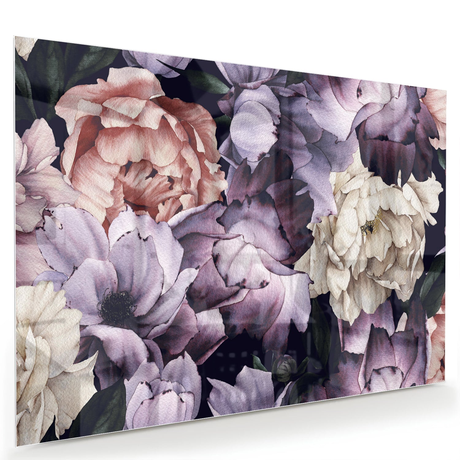 Glas schilderij met paarse en gouden bloemen in een moderne woonkamer