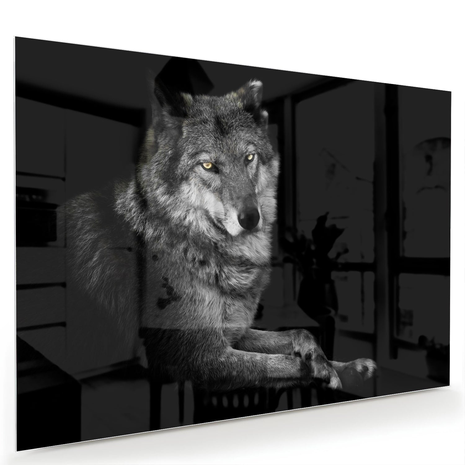 Glas schilderij van een wolf in zwart-wit, perfect voor wanddecoratie.
