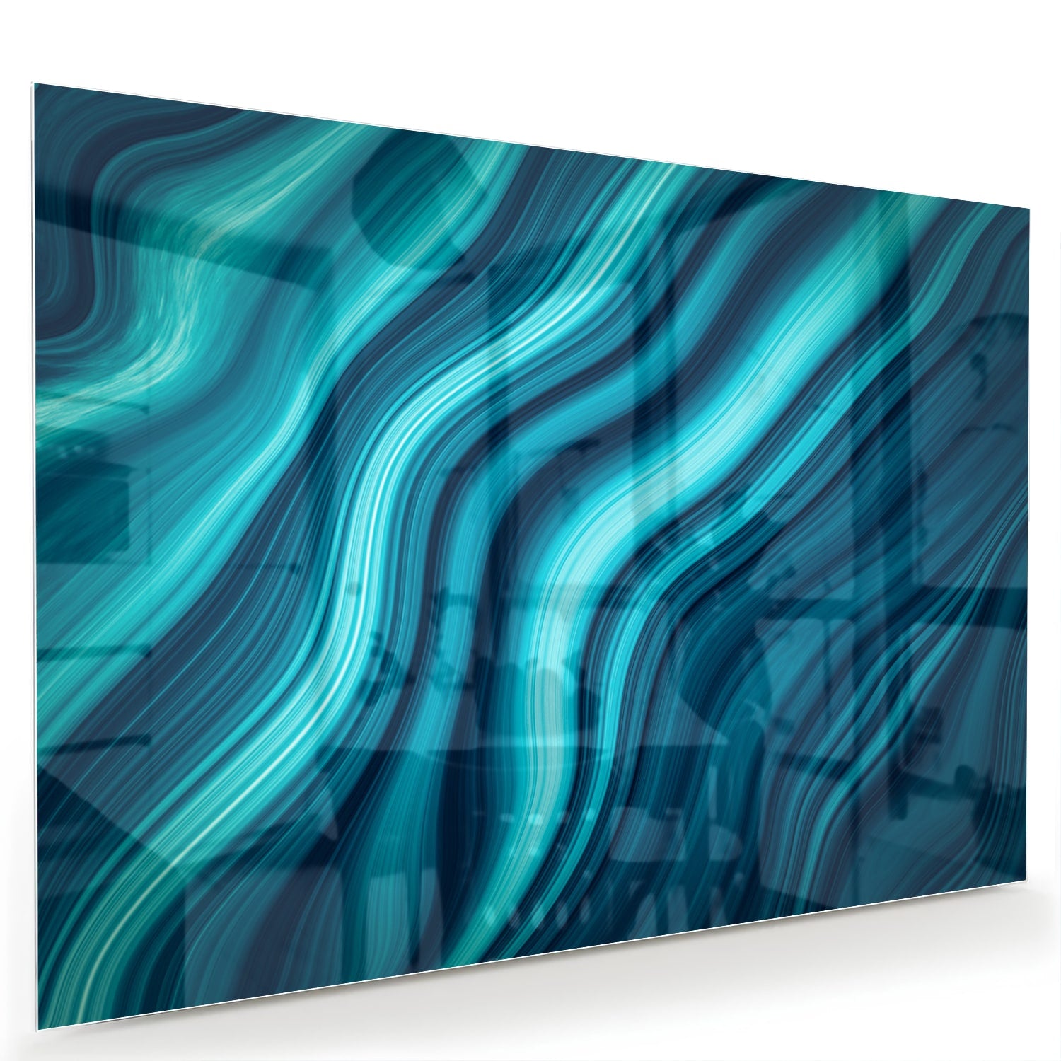 Moderne glazen schilderij met blauwe en groene golven aan de muur