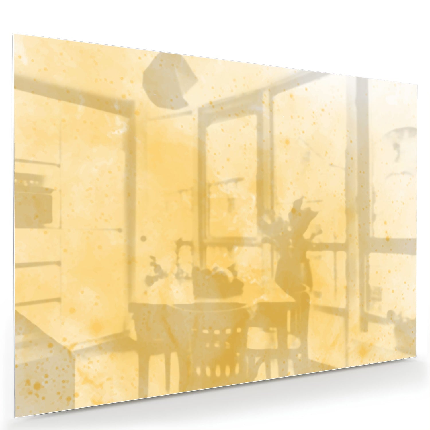 Abstract glazen schilderij in gouden tinten op een witte muur in een moderne woonkamer.