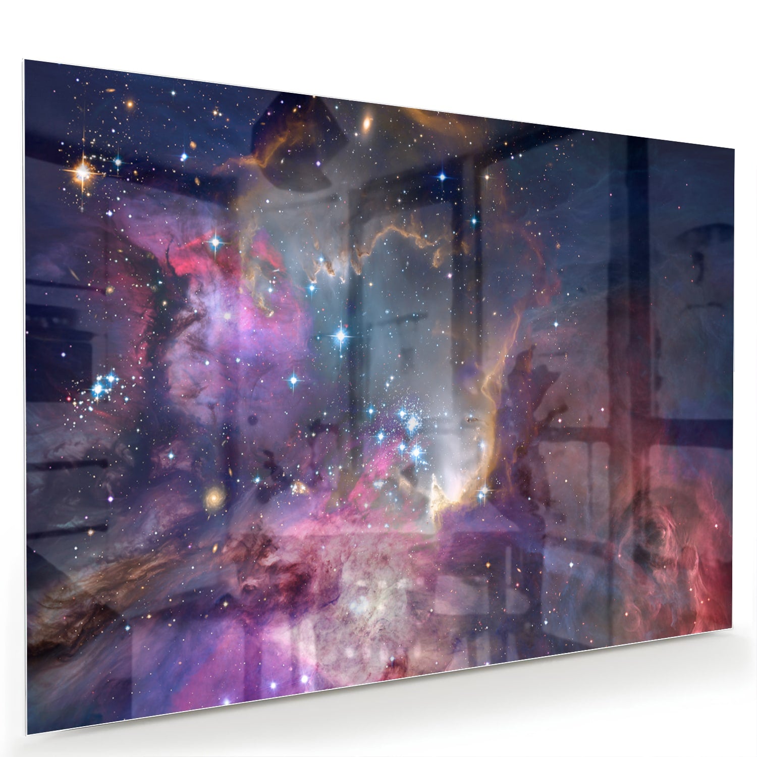 Glazen schilderij met een prachtig universum en sterren op een wand