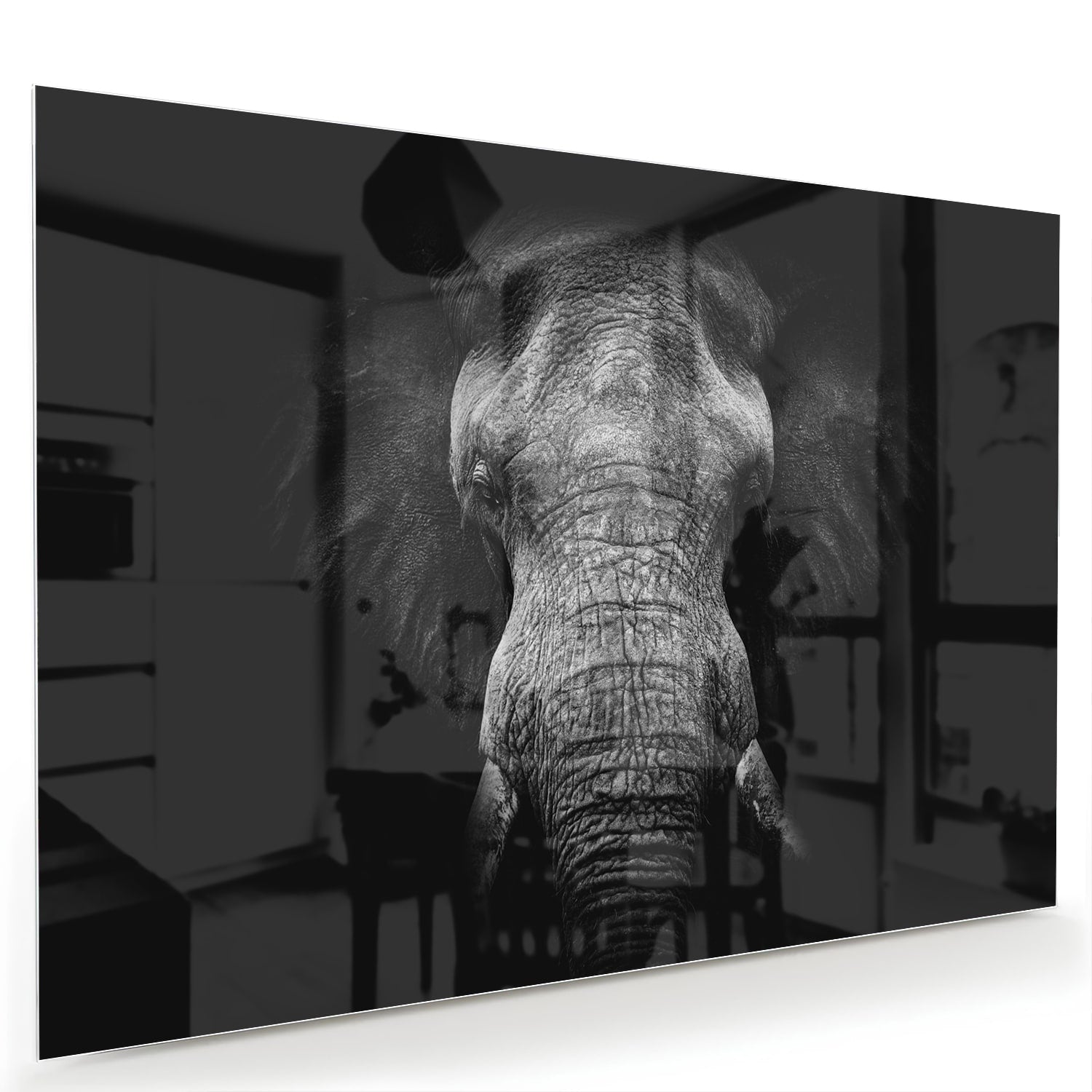 Glazen schilderij van een olifant in zwart-wit, perfect voor interieurdecoratie.