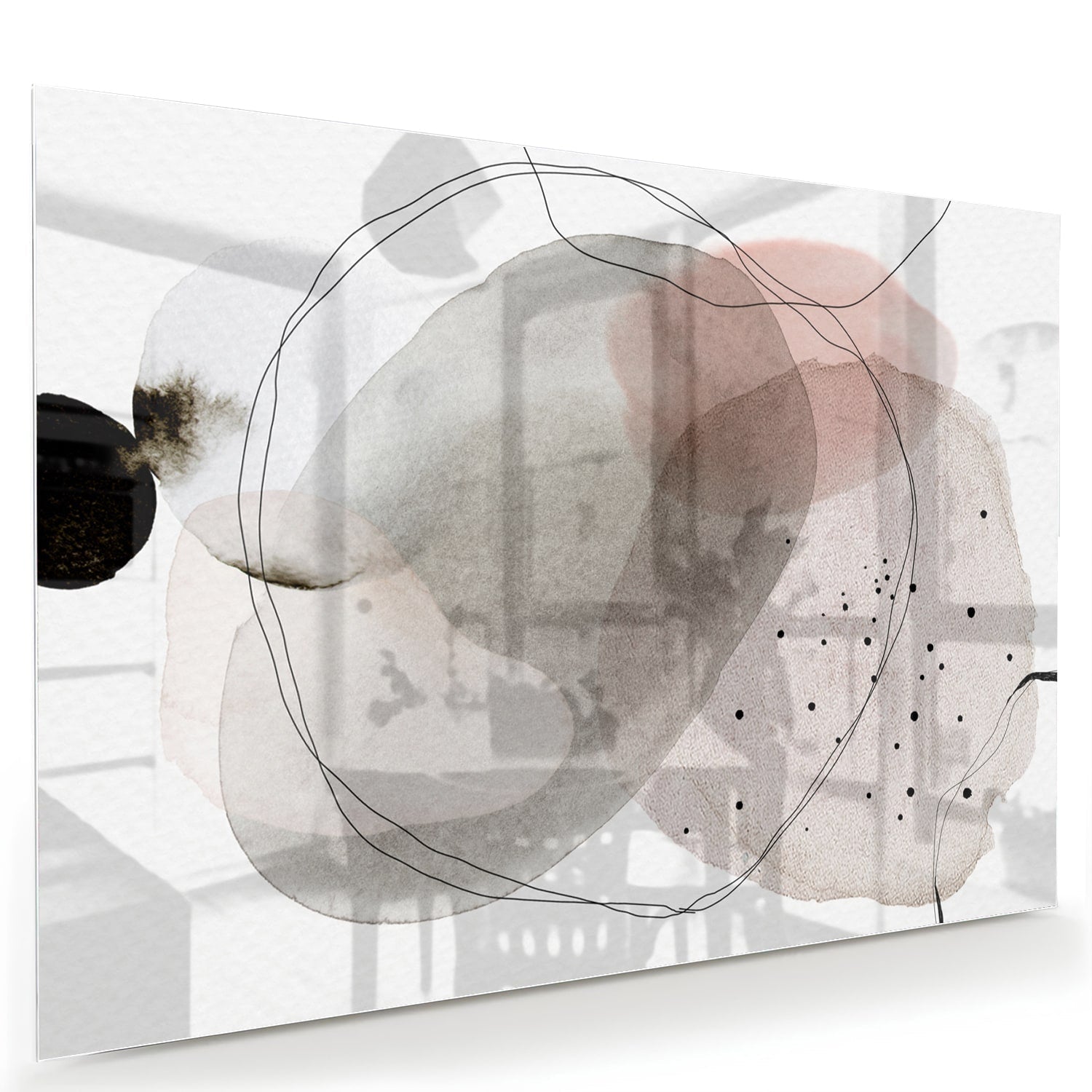 Abstract glazen schilderij met zachte pastelkleuren en organische vormen