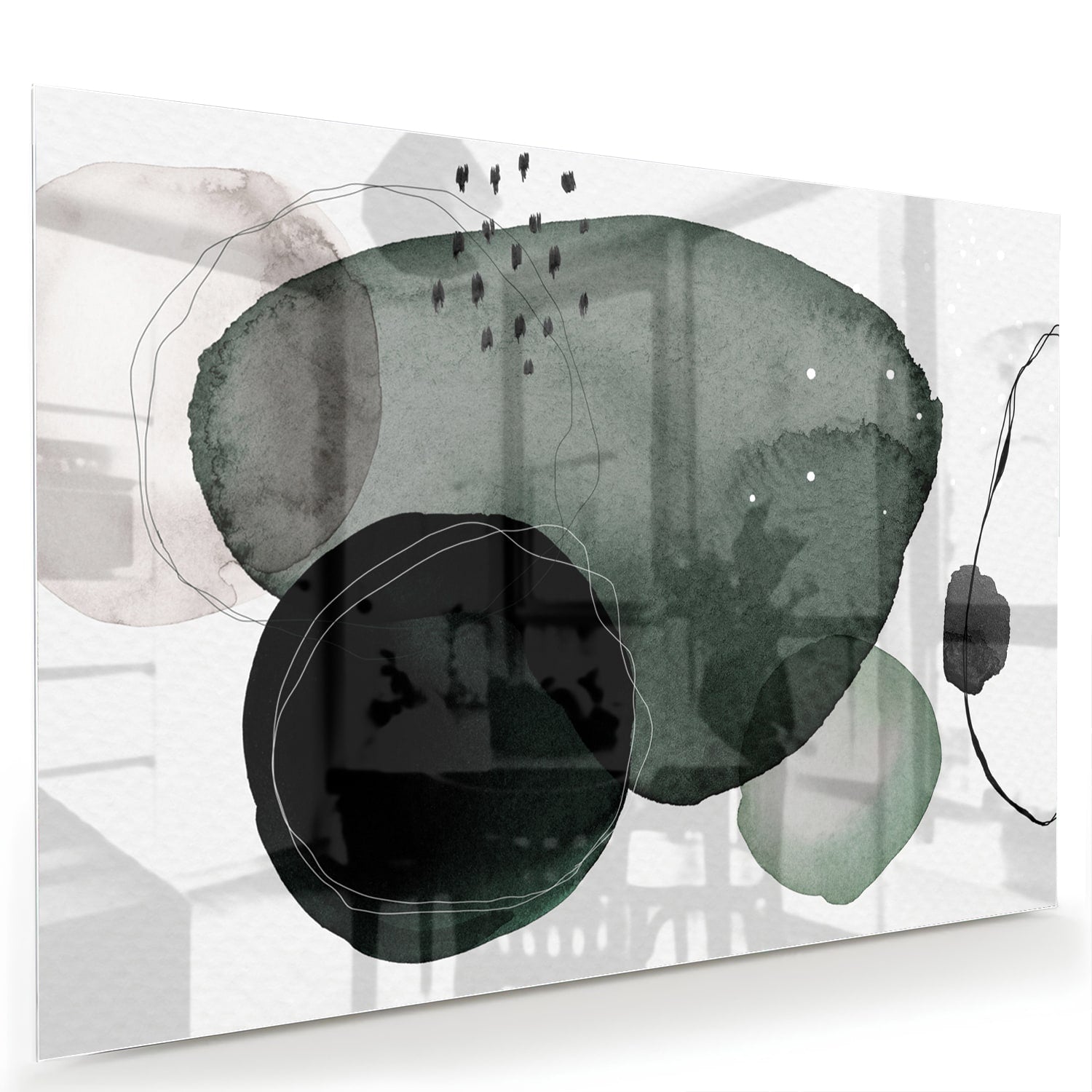 Abstract glas schilderij met groene en zwarte vormen