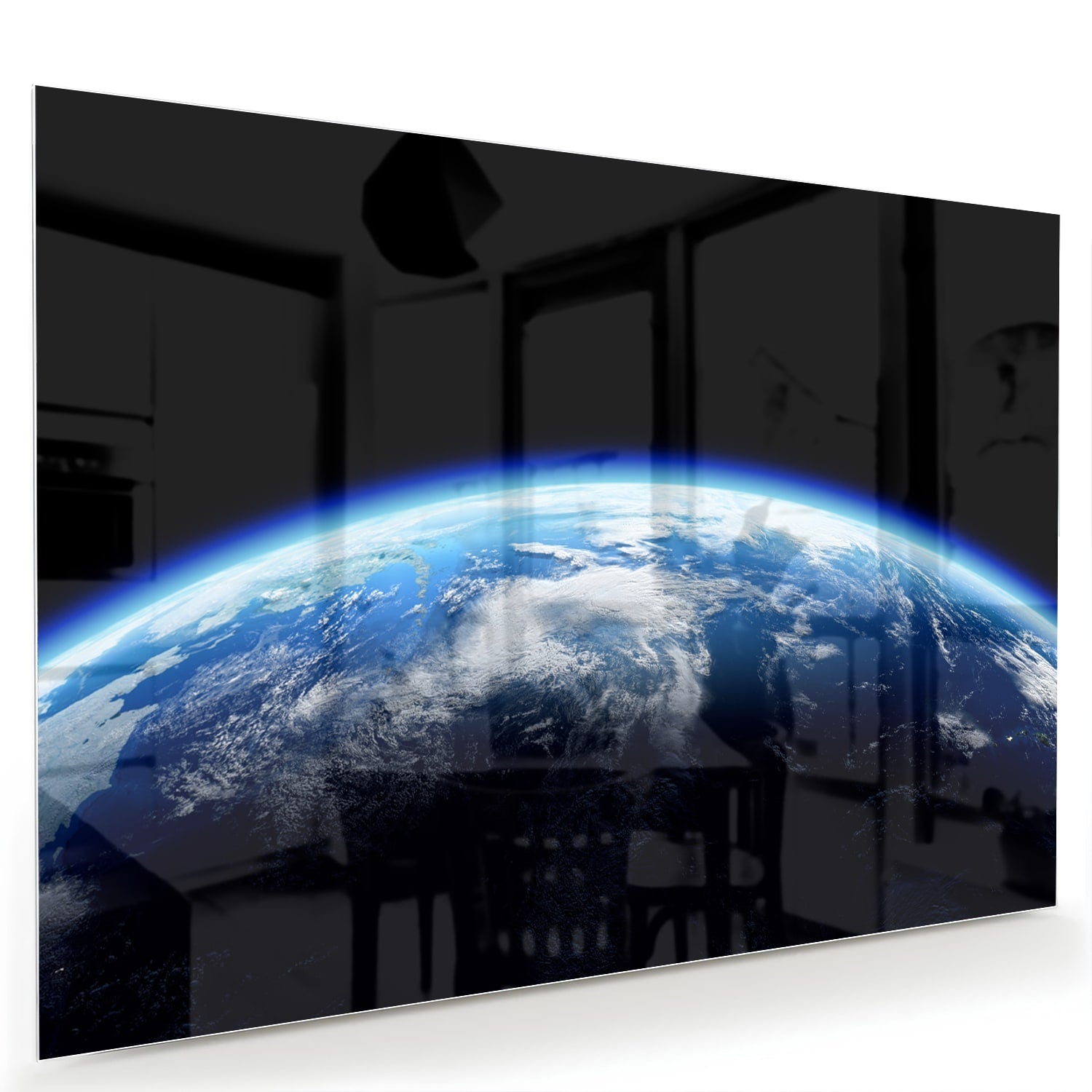 Glazen schilderij met een afbeelding van de aarde en blauwe lucht, perfect voor een moderne inrichting.