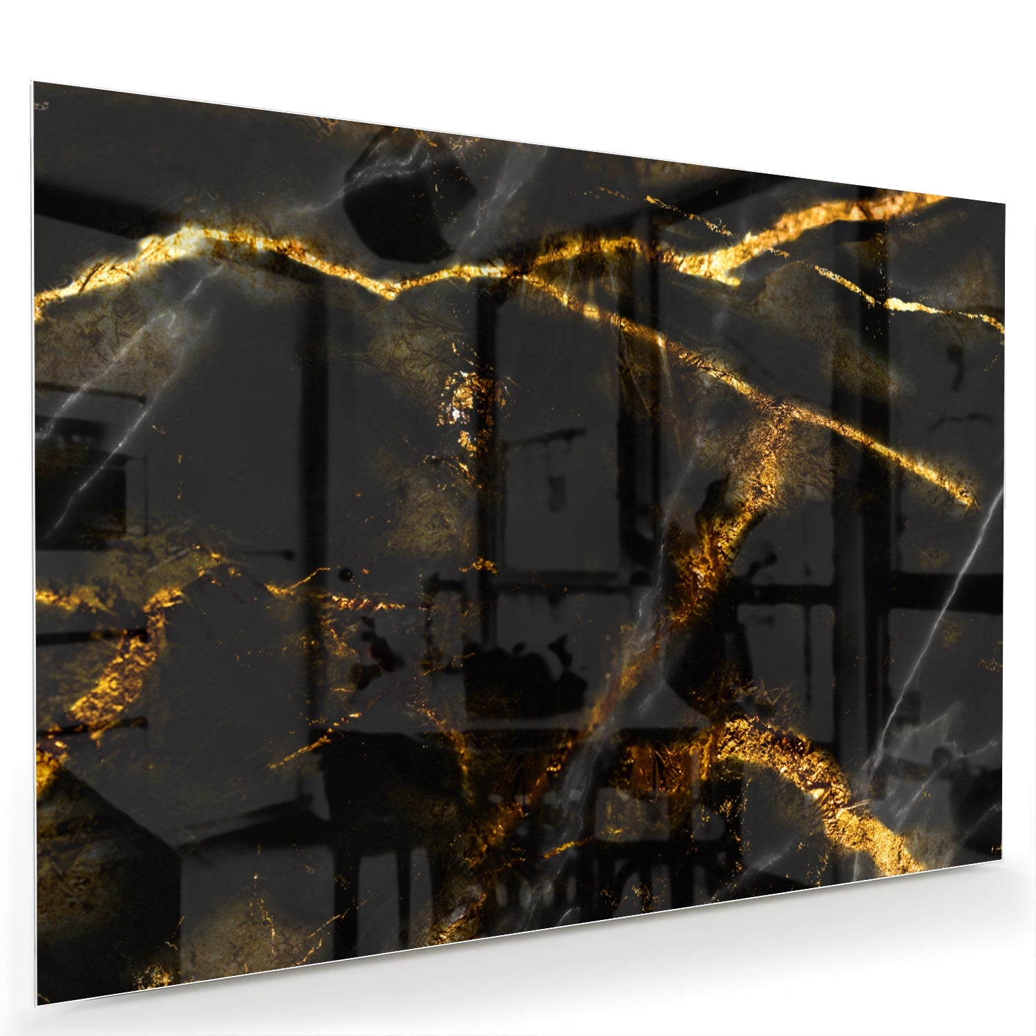 Glazen schilderij met zwart en gouden marmerdesign aan de muur
