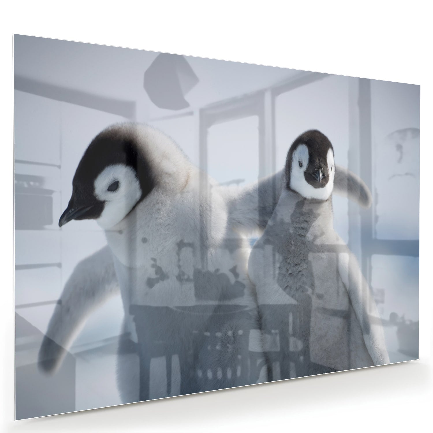 Glazen schilderij van twee pinguns in een winterlandschap.