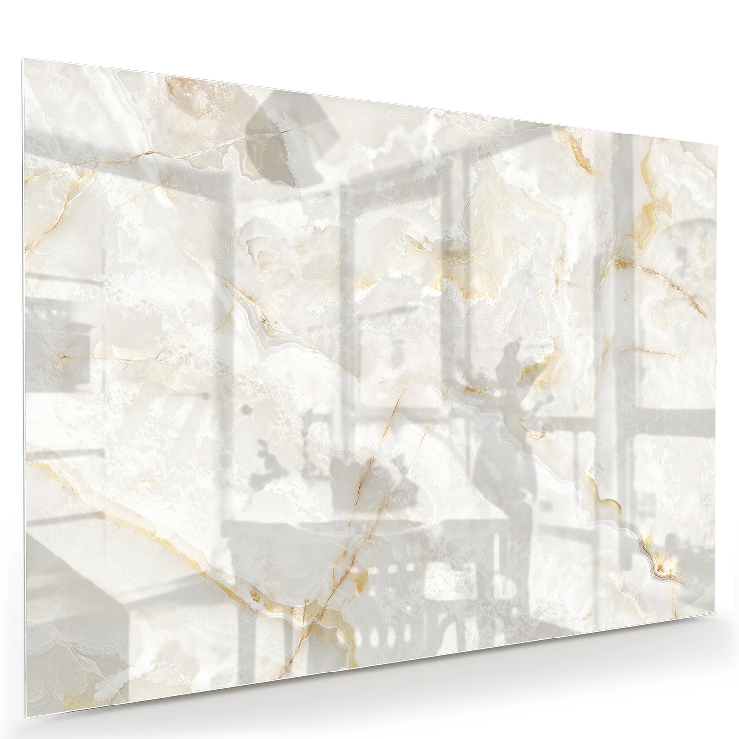 Elegant glazen schilderij met grijs marmer en gouden aders in moderne woonkamer