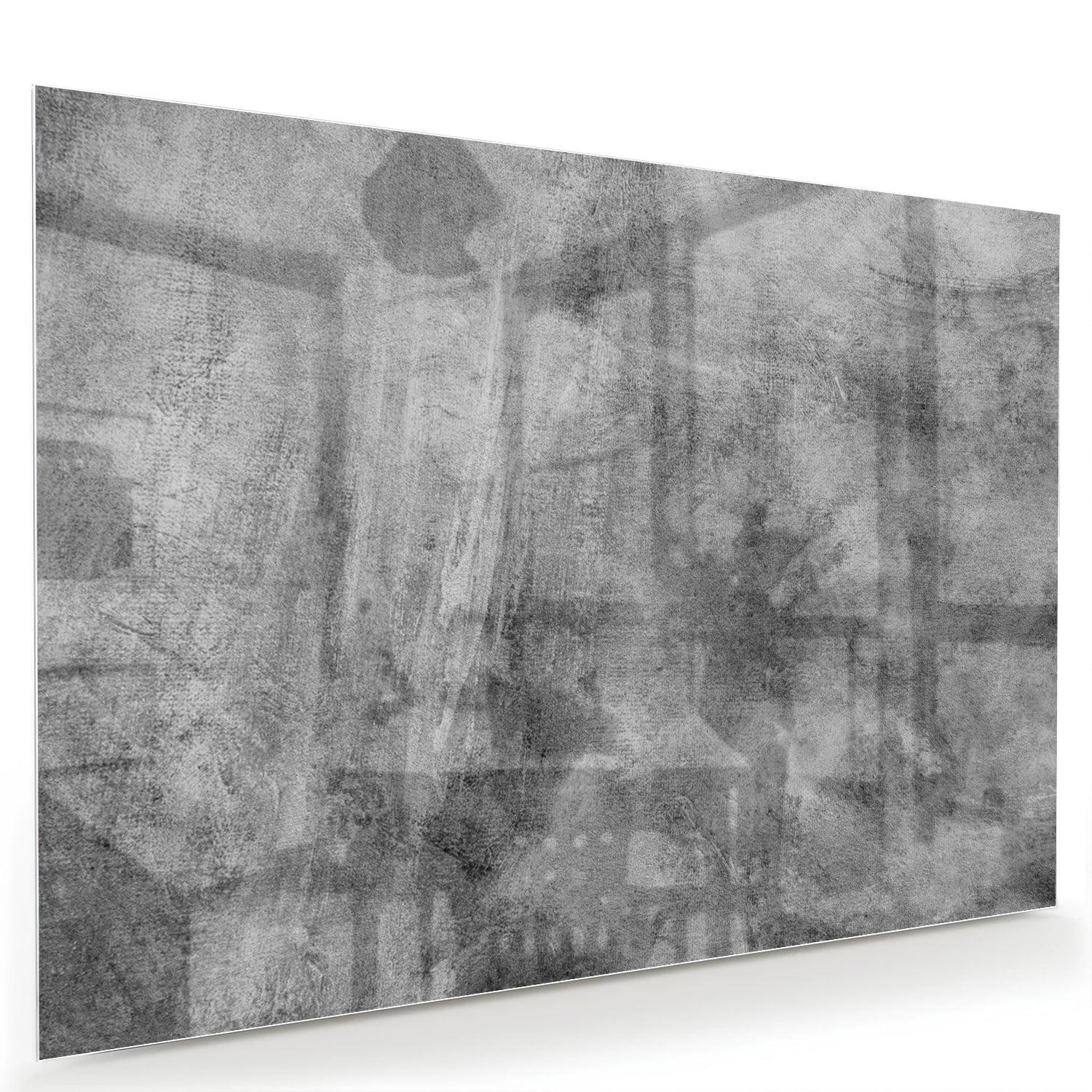 Abstract glazen schilderij in grijstinten op een witte muur.