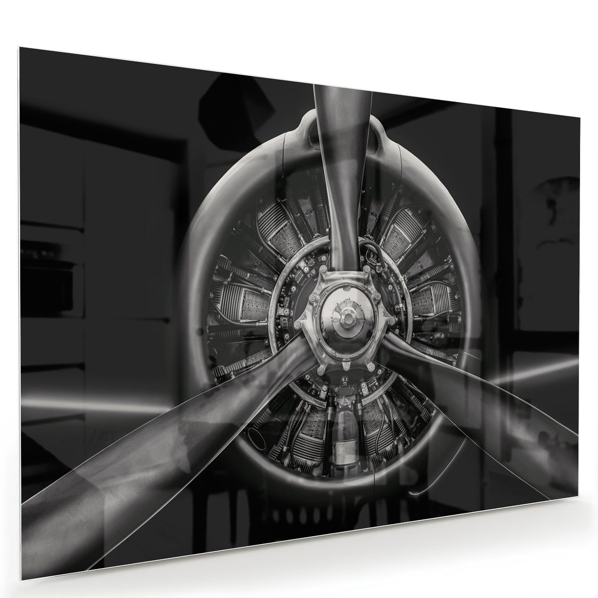Glas schilderij van een vintage propeller in zwart-wit