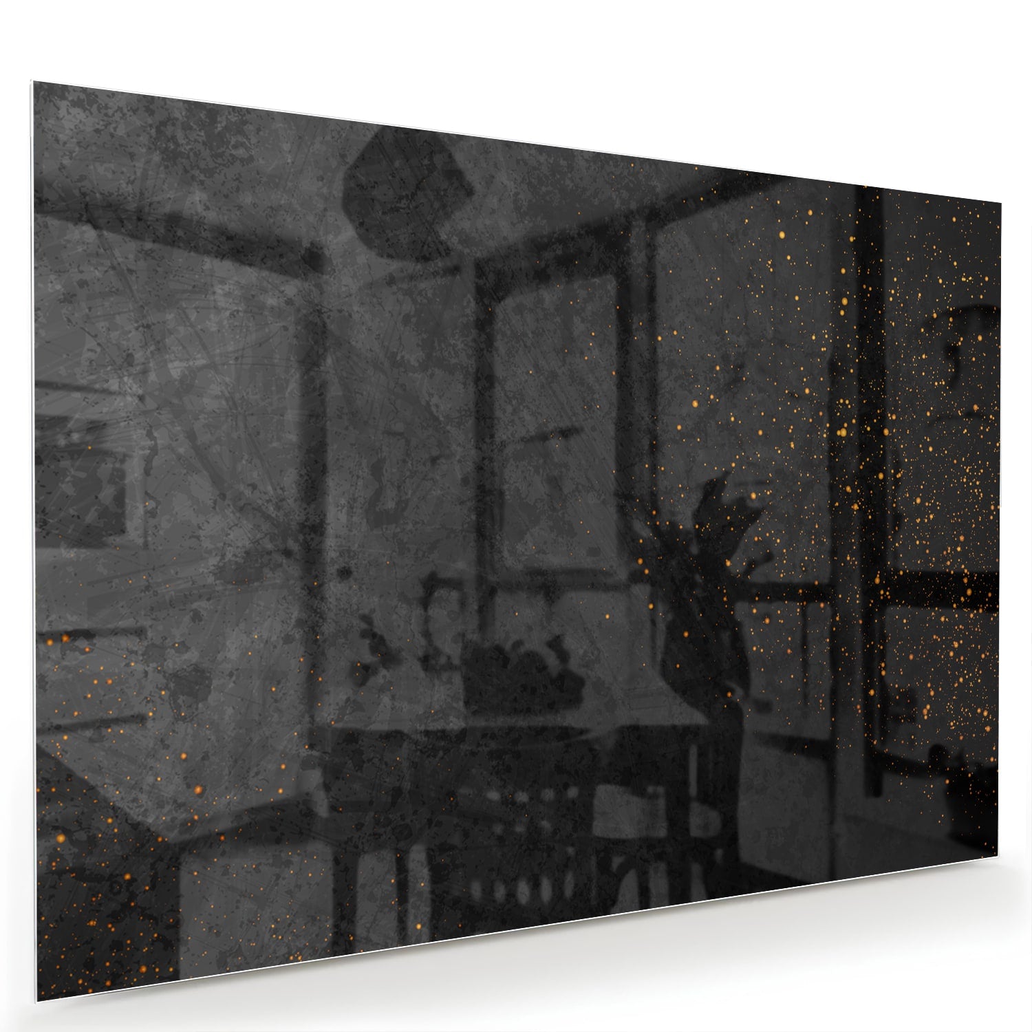 Donker glazen schilderij met gouden accenten aan de muur