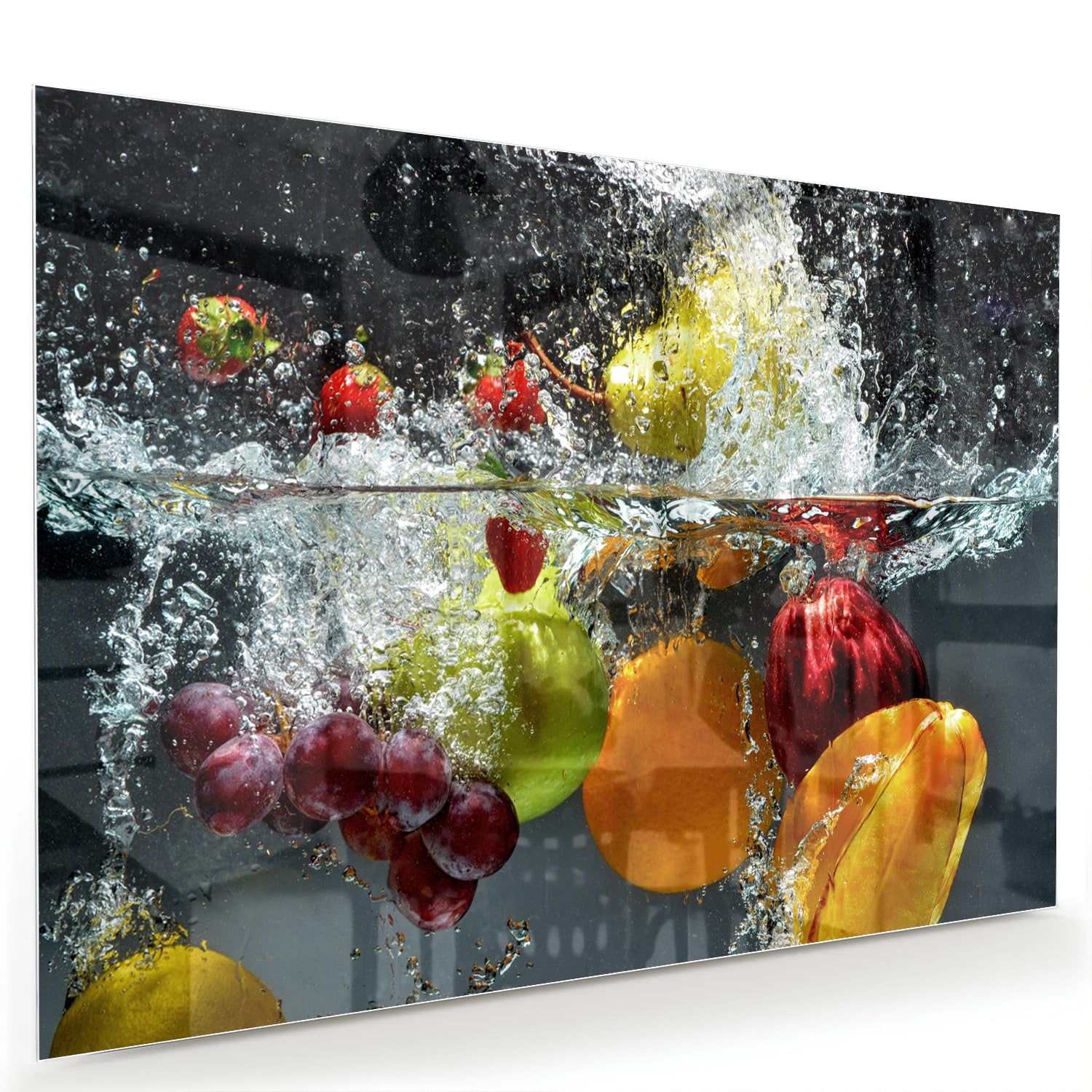 Glazen schilderij met kleurrijk fruit en sprankelend water