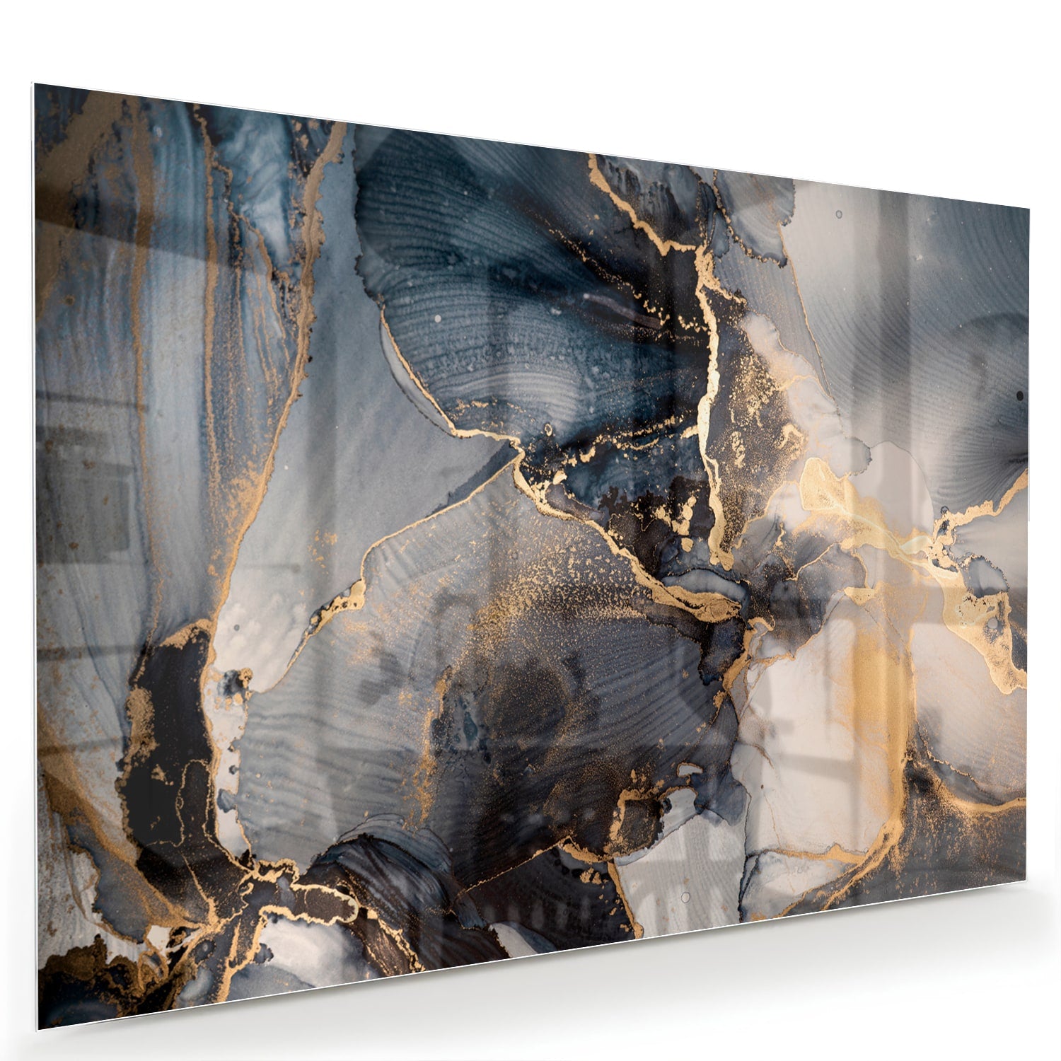 Elegant glazen schilderij met blauwe en gouden abstracte lagen
