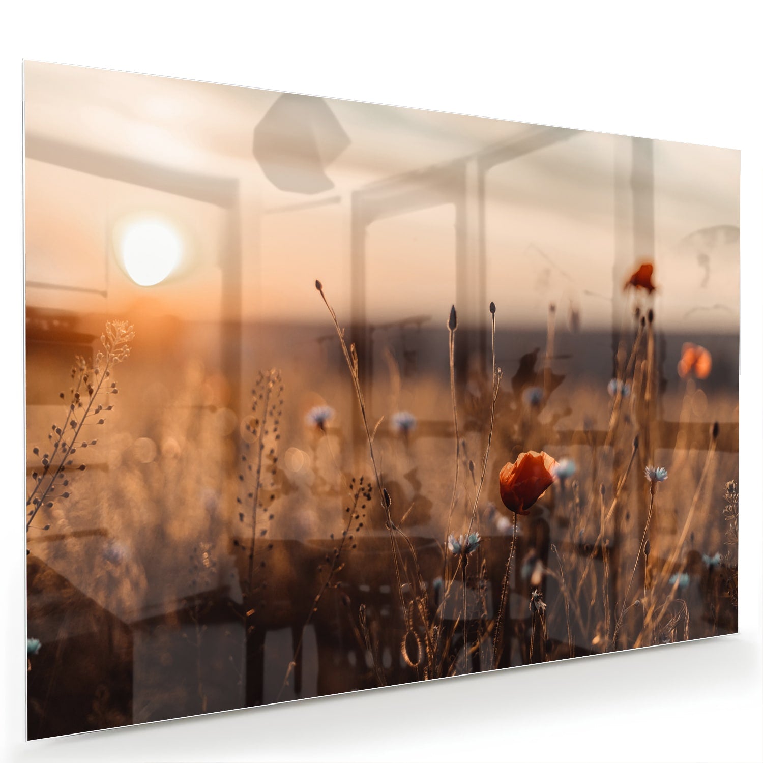 Glazen schilderij van een poppy veld bij zonsondergang, met warme kleuren.
