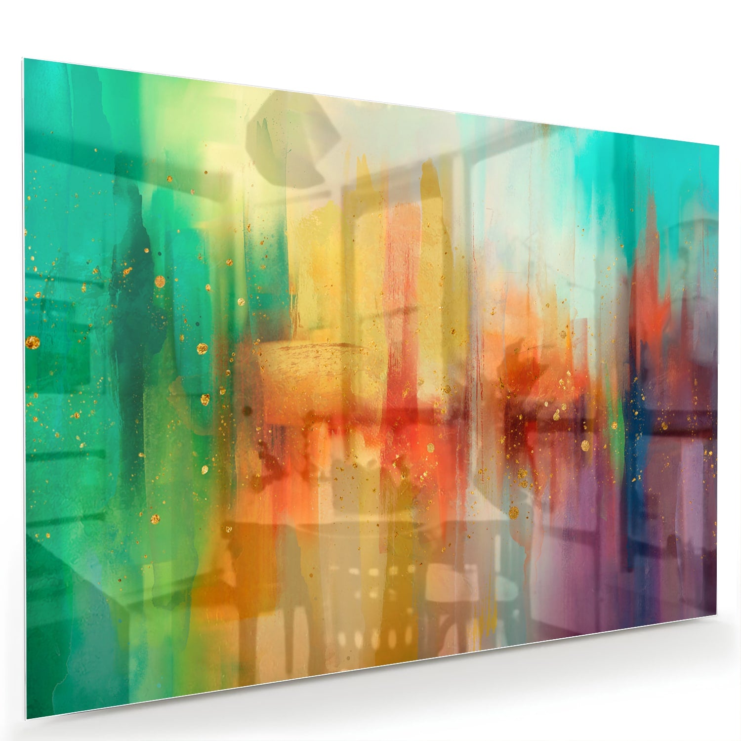 Abstract kleurrijk glazen schilderij aan de muur in een moderne woonkamer.