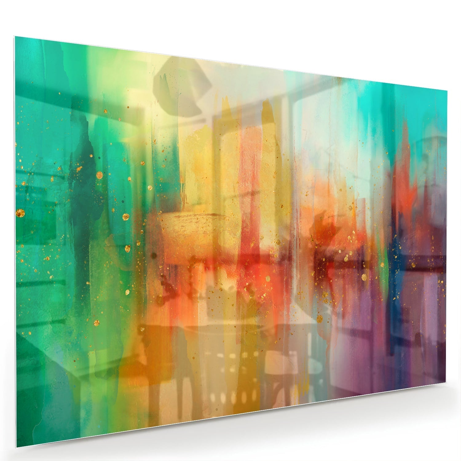 Abstract kleurrijk glazen schilderij aan de muur in een moderne woonkamer.