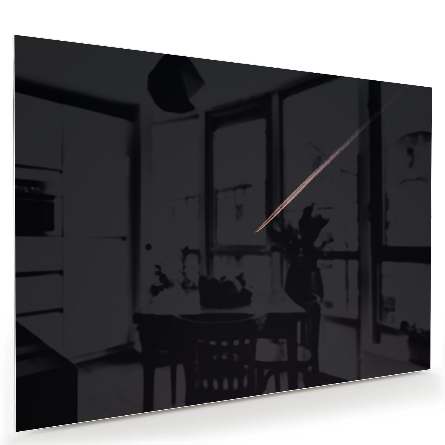 Modern glazen schilderij met zwarte achtergrond, geschikt voor stijlvolle interieurs.