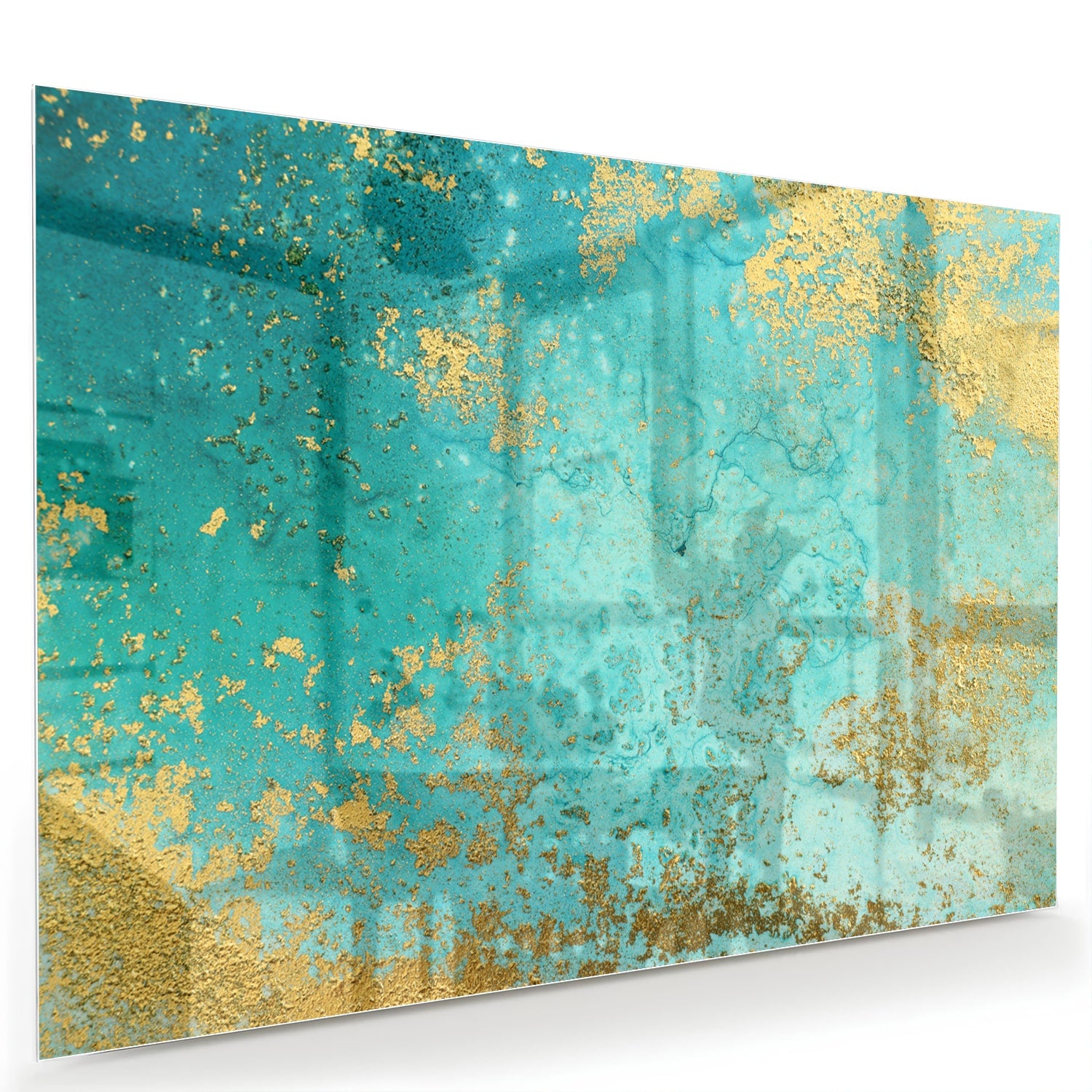 Glazen schilderij met turquoise en gouden accenten aan de muur