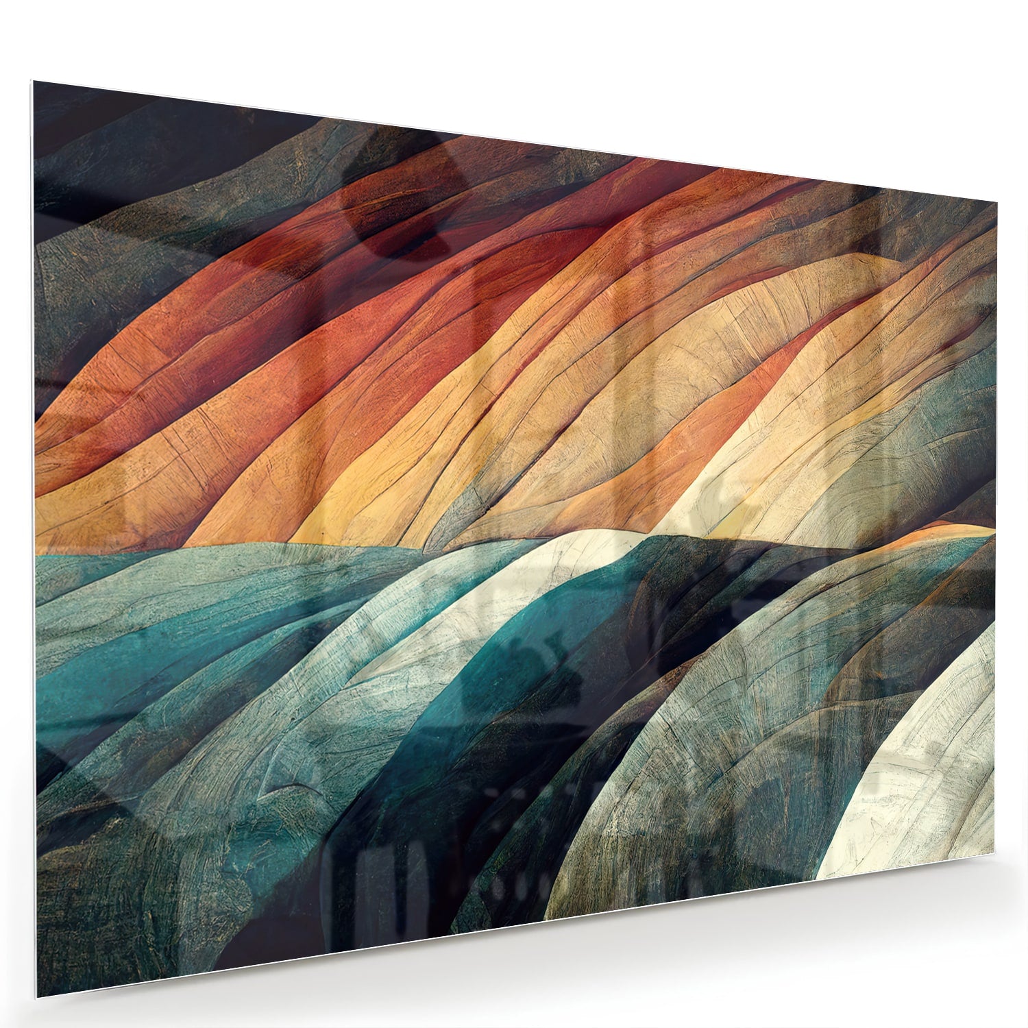 Abstract glazen schilderij met gekleurde golven in een moderne woonkamer.