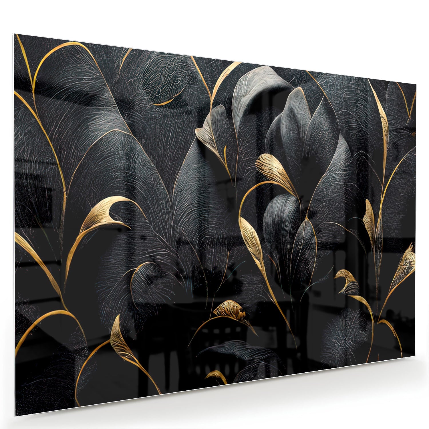 Glazen schilderij met gouden bladeren op een zwarte achtergrond, perfect voor interieur decoratie.