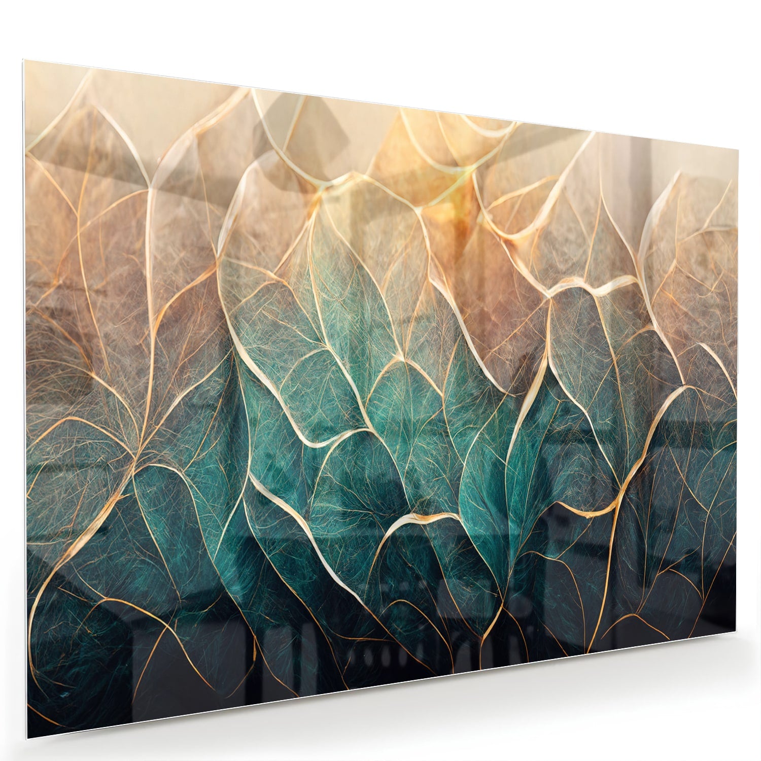 Prachtig glazen schilderij met bladeren in turquoise en gouden lijnen.