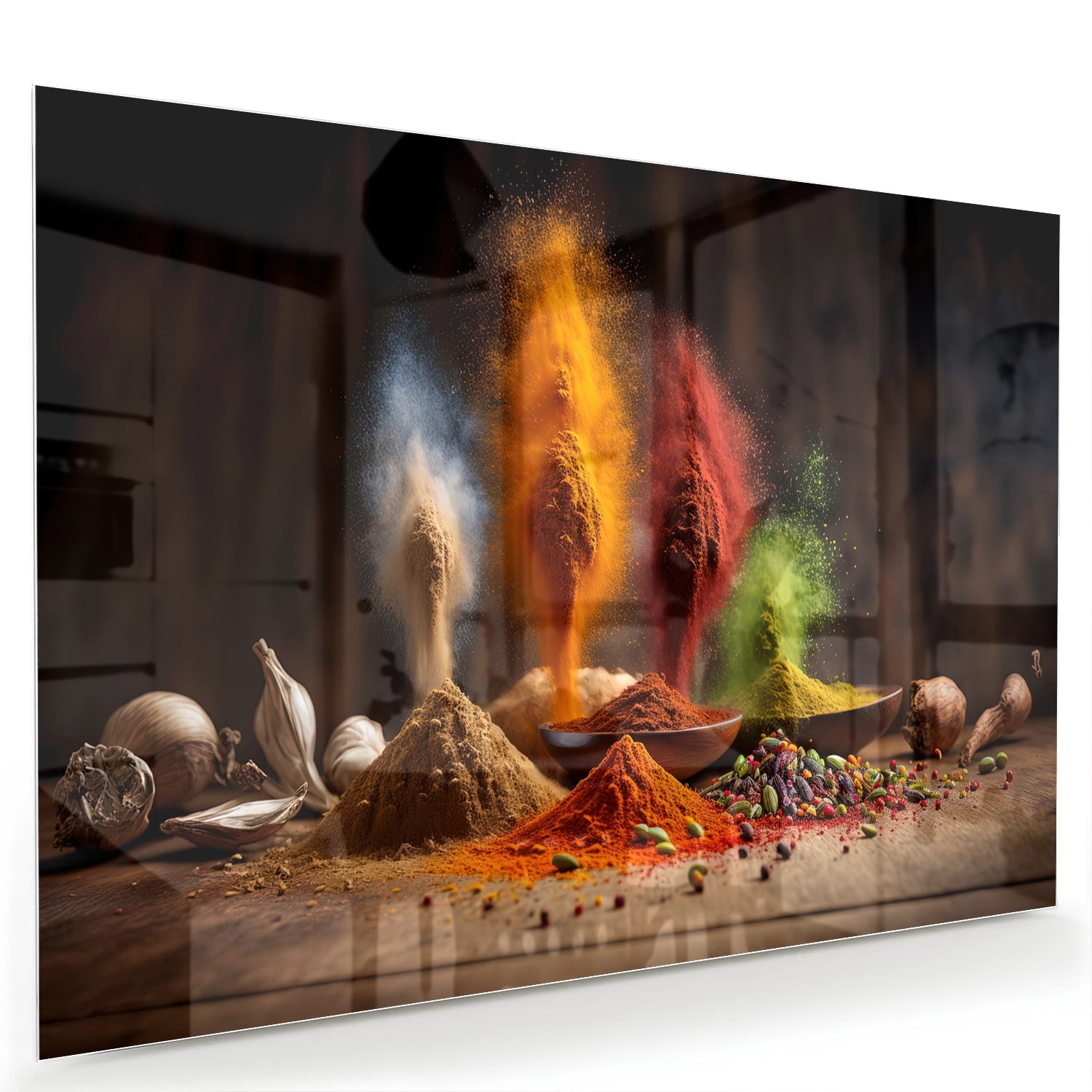 Glazen schilderij met een kleurrijke weergave van specerijen op een houten tafel.