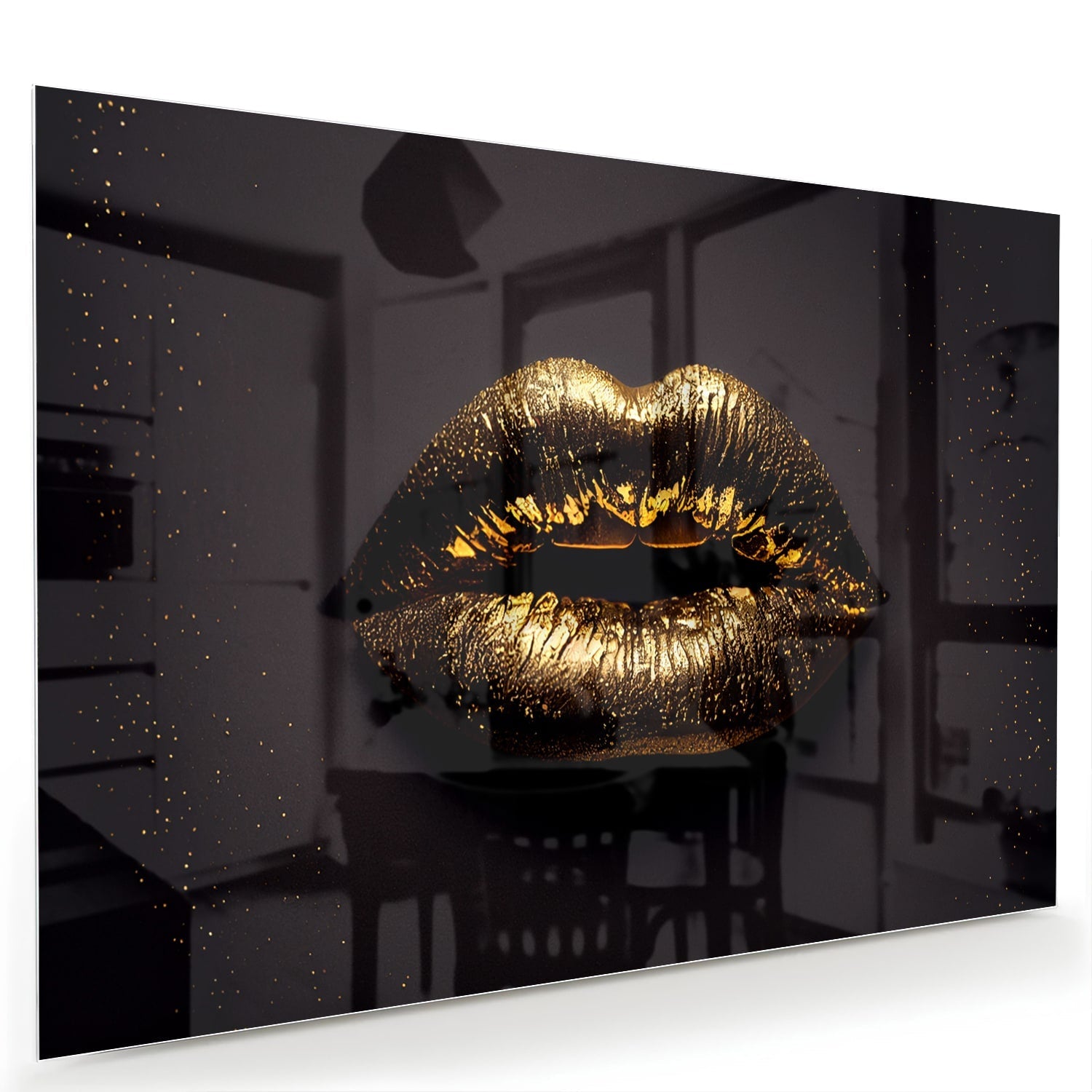 Glazen schilderij met gouden lippen, elegant voor in de woonkamer.