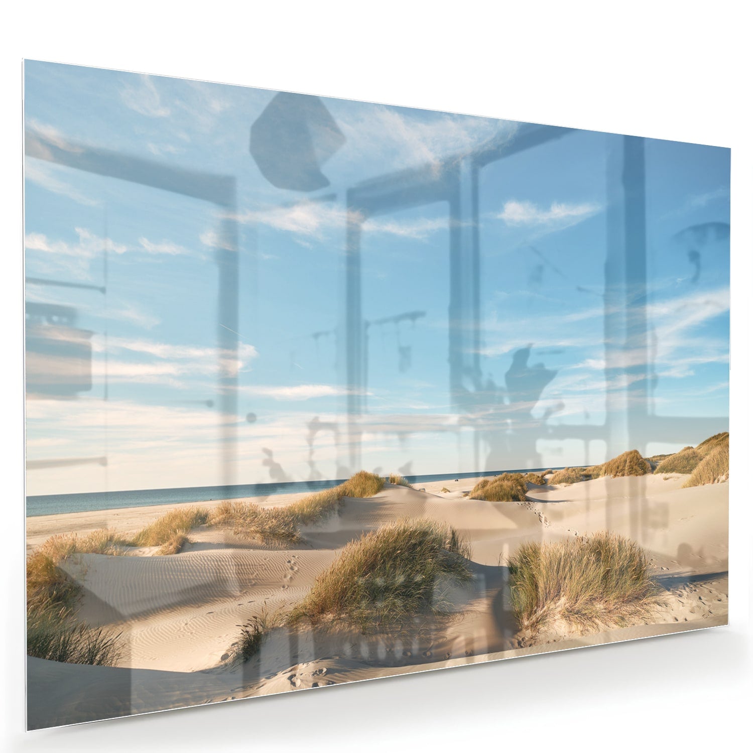 Glazen schilderij met duinen en een heldere blauwe lucht