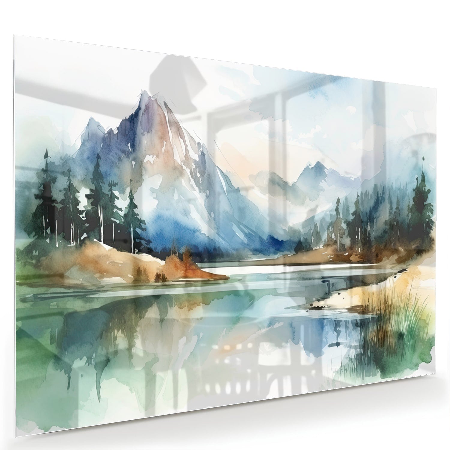 Glazen schilderij met een landschap van bergen en een meer in waterverfstijl.