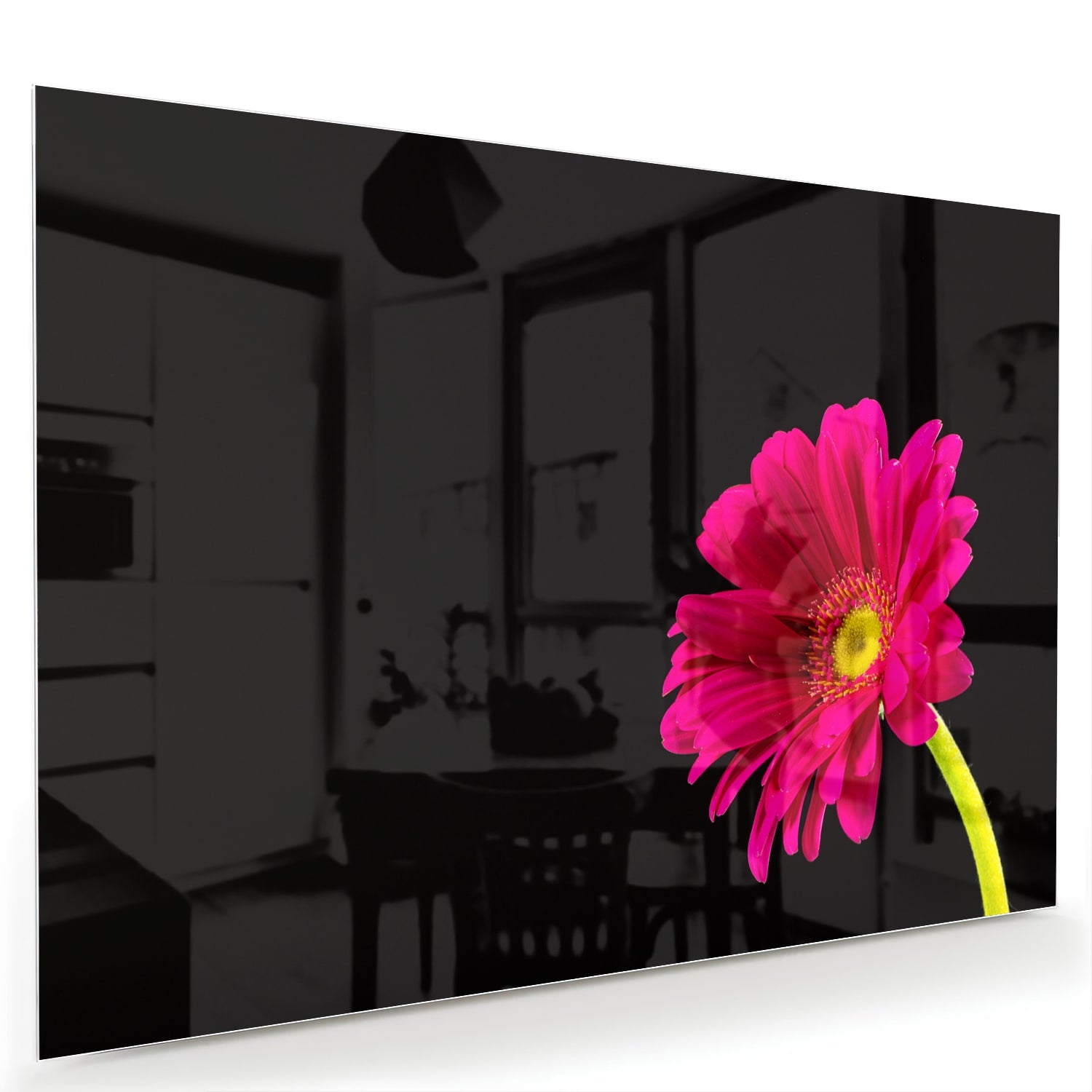 Glazen schilderij van een roze gerbera op zwarte achtergrond, perfect voor decoratie