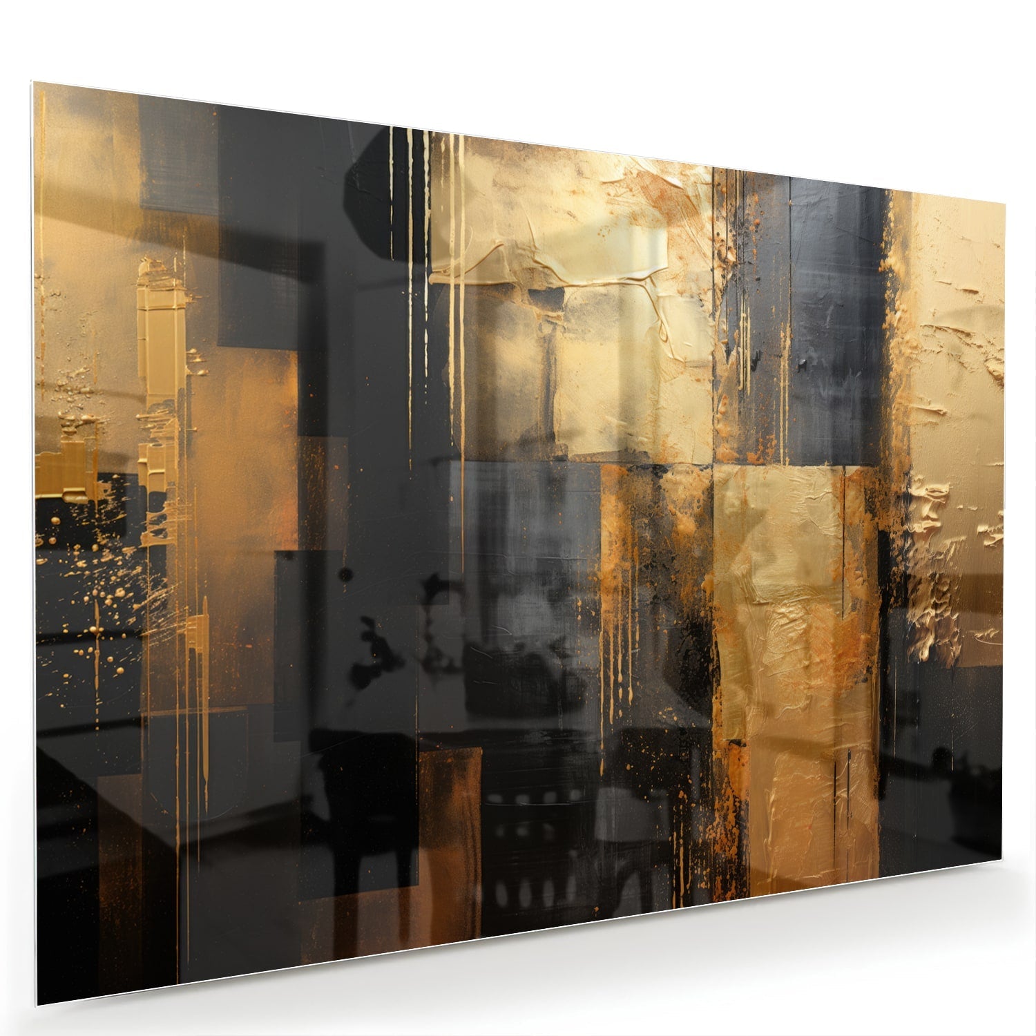 Abstract glazen schilderij in goud en zwart, perfect voor moderne interieurs.