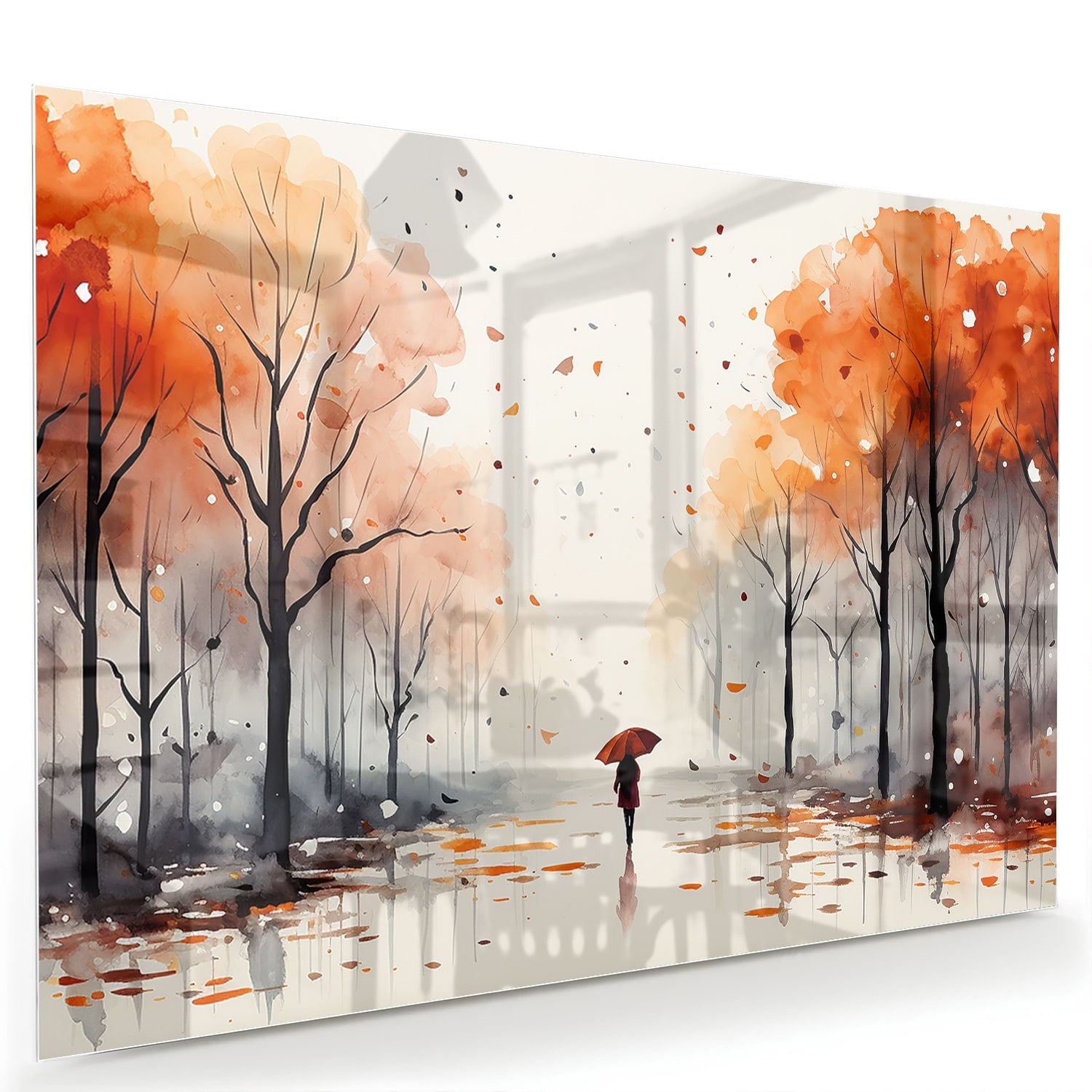 Glazen schilderij van een herfstlandschap met een wandelaar en kleurrijke bomen.