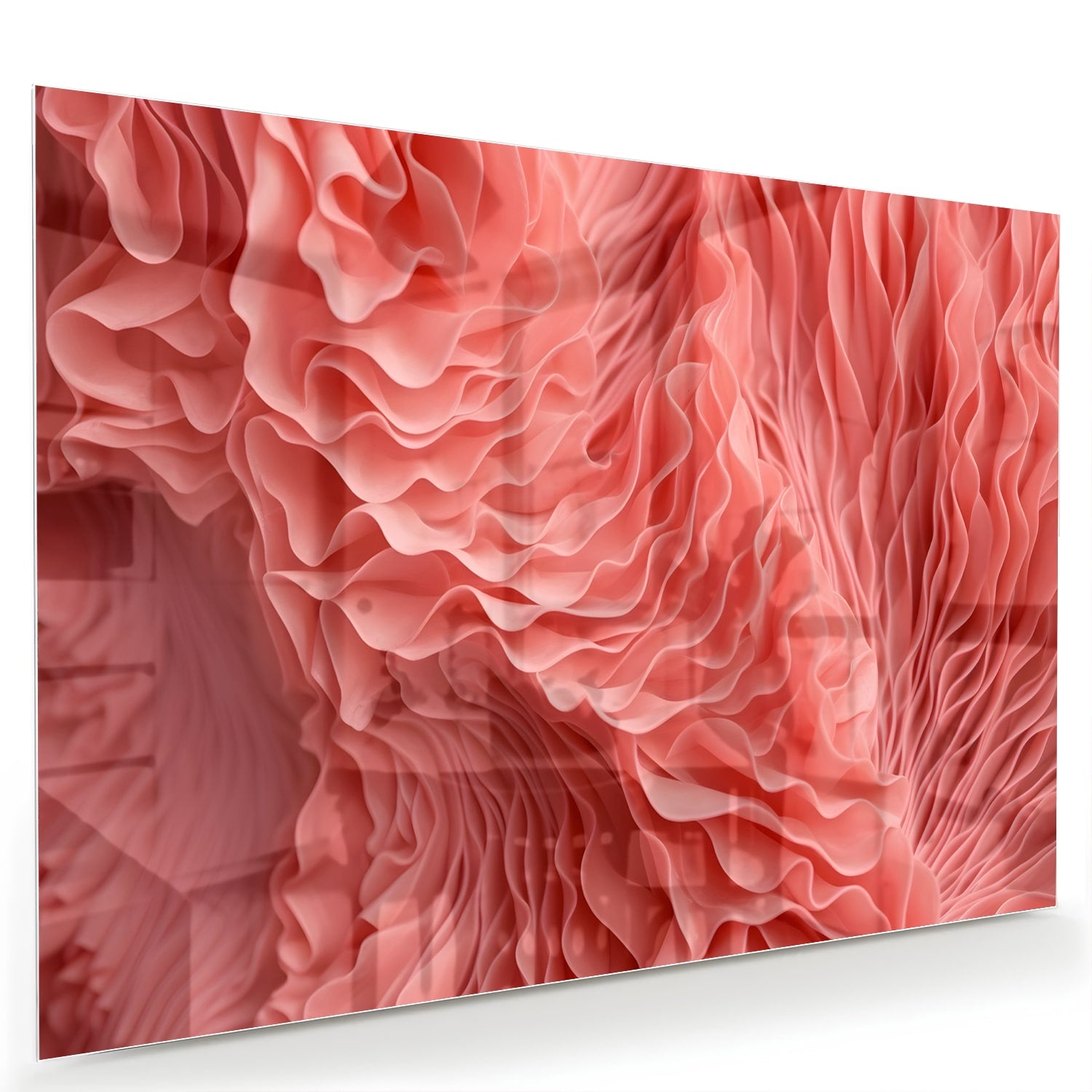 Abstract glazen schilderij in roze met golvende patronen, perfect voor wanddecoratie.