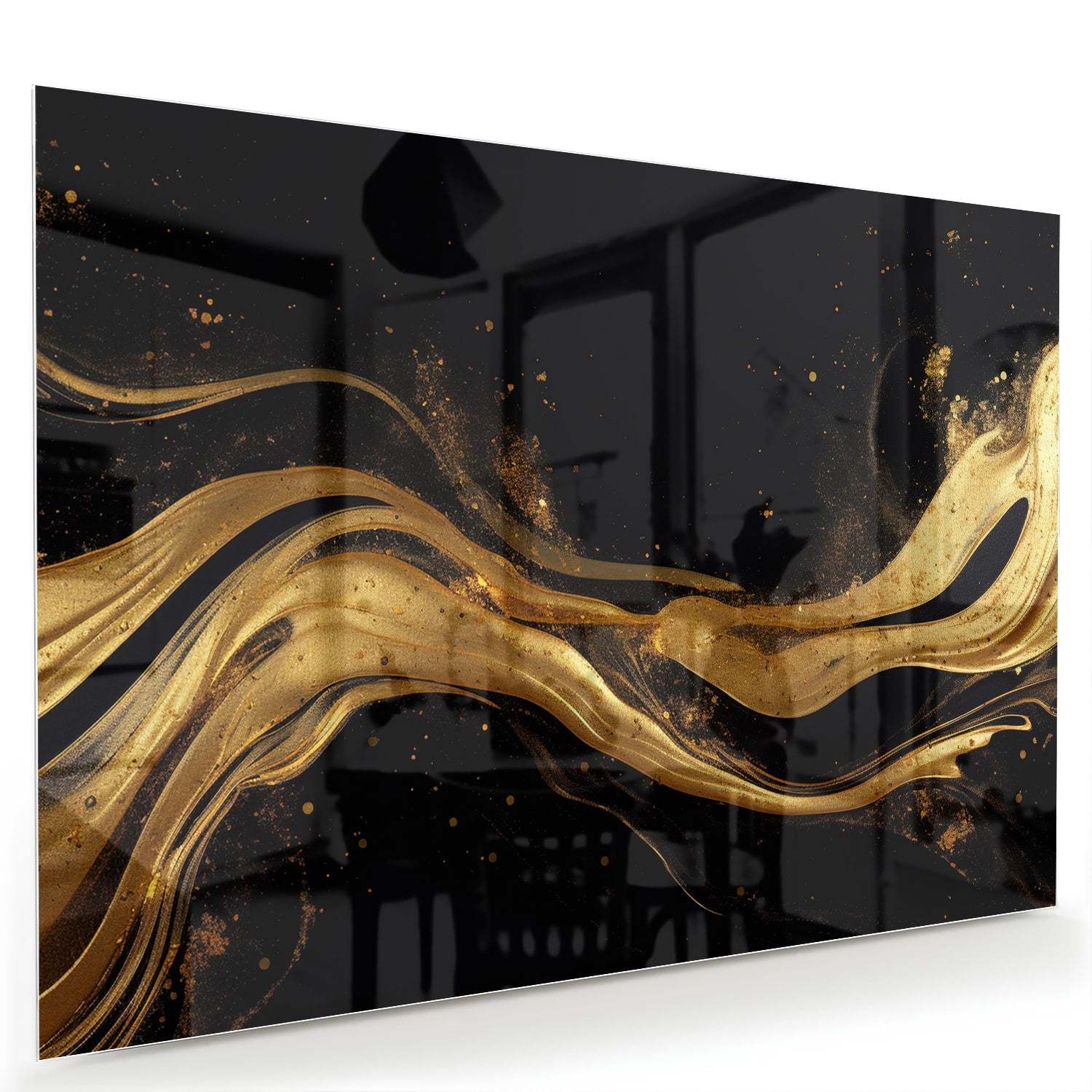 Glazen schilderij met gouden lijnen op een zwarte achtergrond, geschikt voor moderne interieurs.