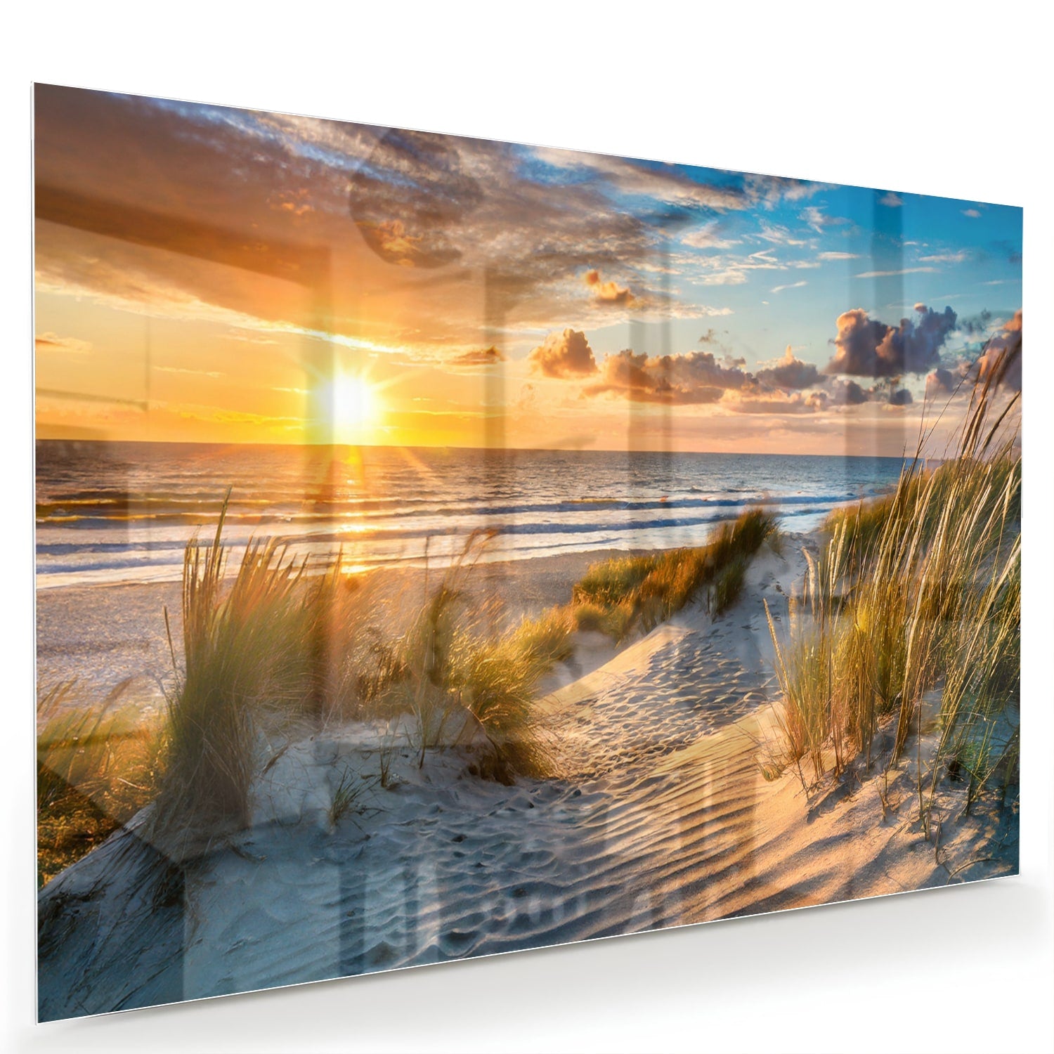 Glazen schilderij van een zonsondergang bij het strand met duinen en gras