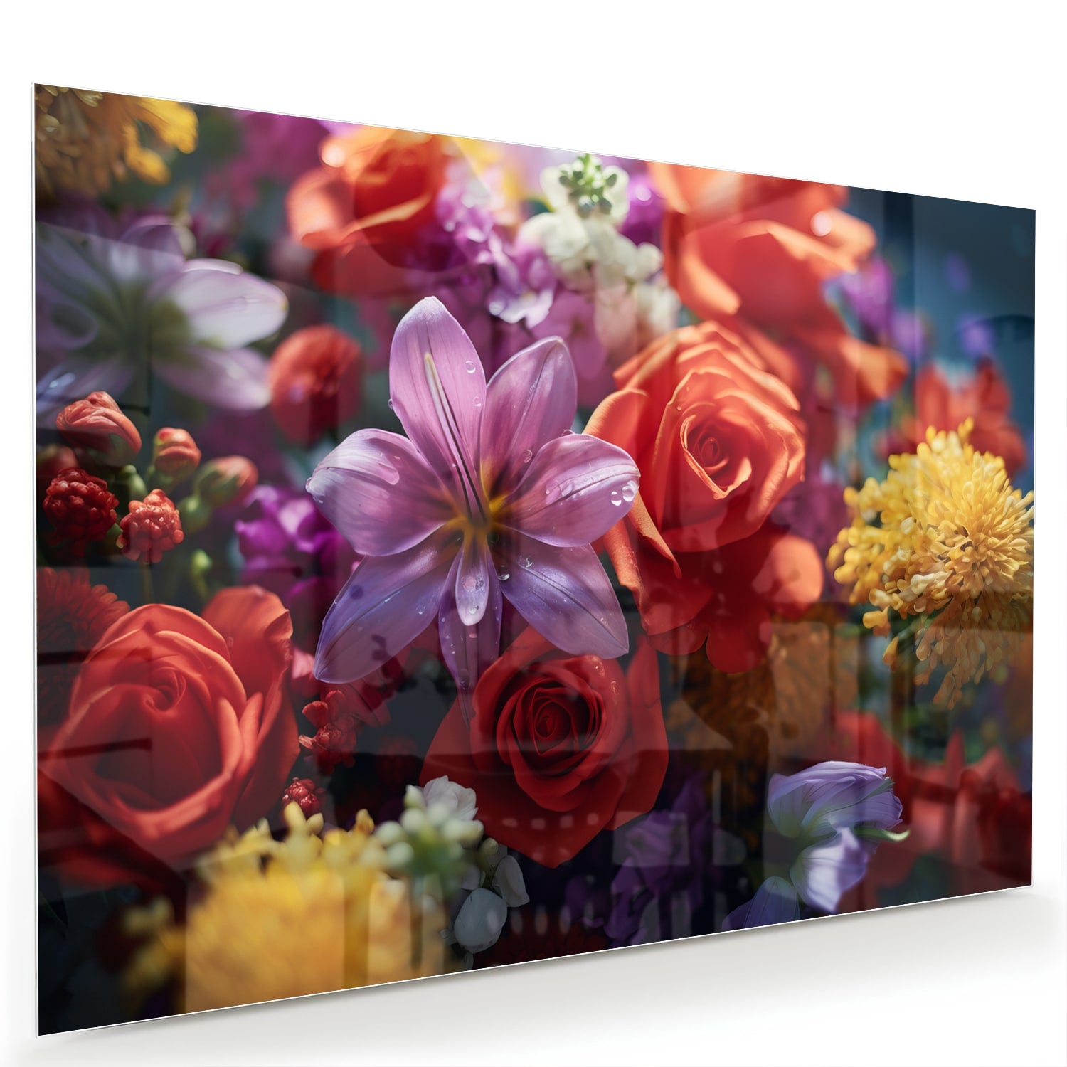 Kleurrijk glazen schilderij met een prachtige bloemencompositie.