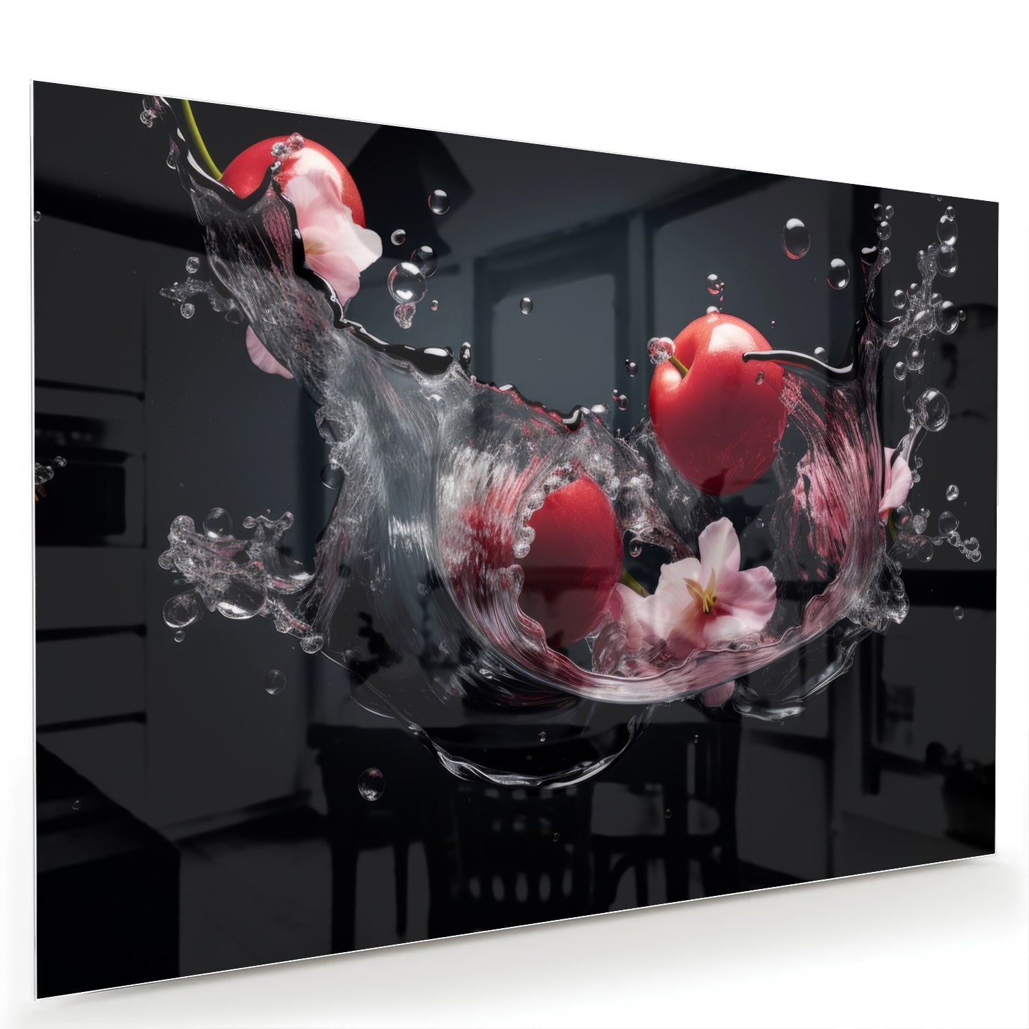 Glazen schilderij met roze bloemen en waterdruppels op een zwarte achtergrond.