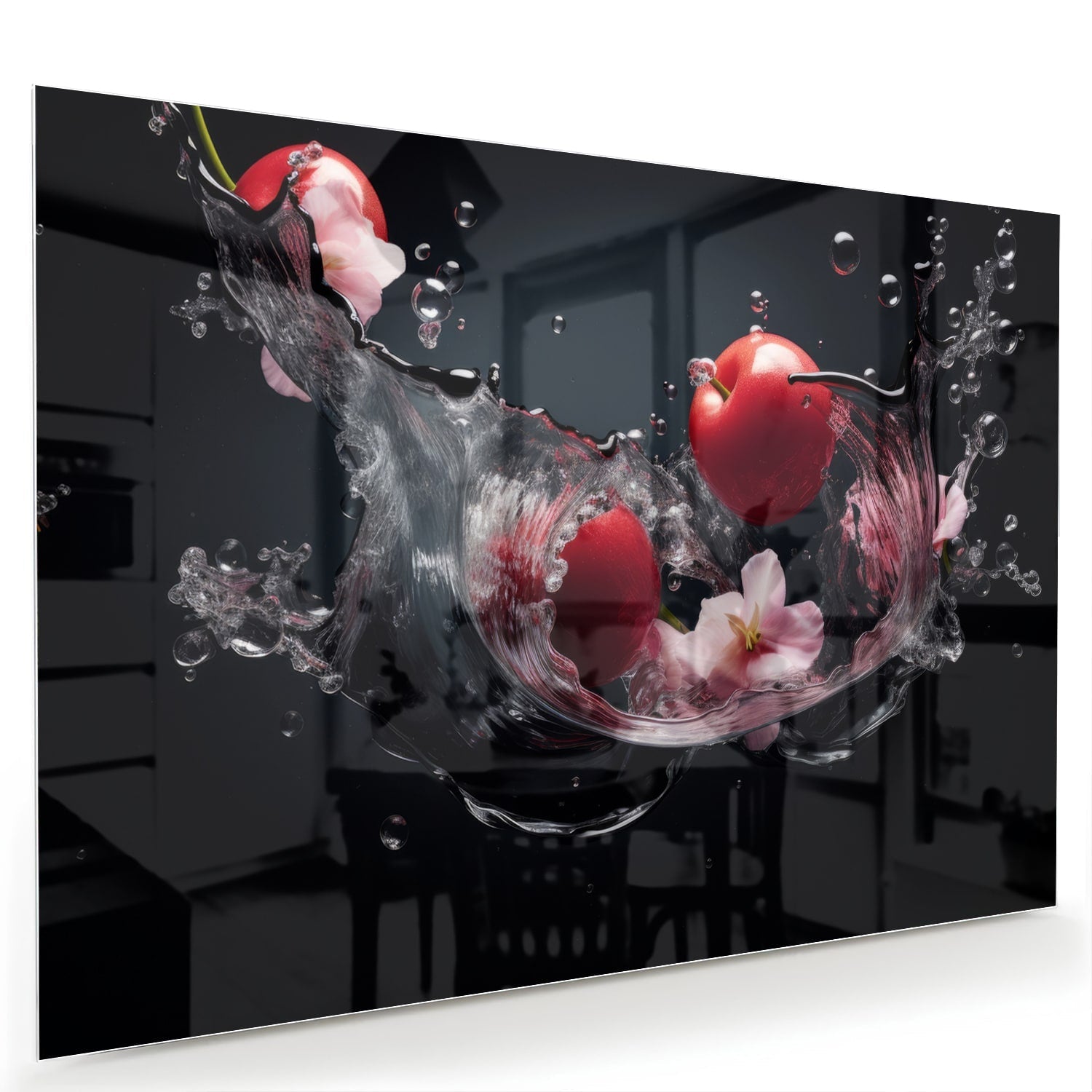 Glazen schilderij met roze bloemen en waterdruppels op een zwarte achtergrond.
