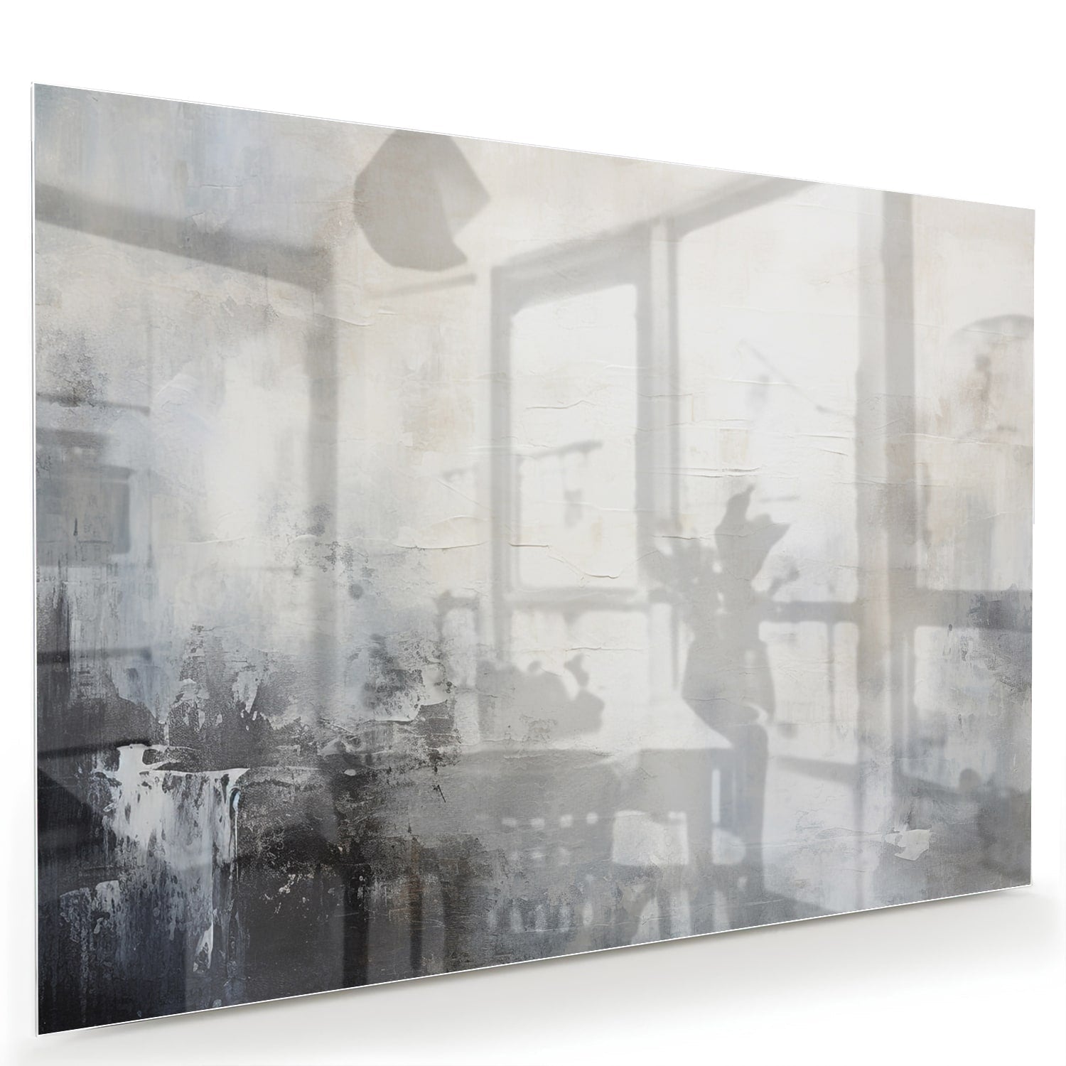 Abstract glazen schilderij met zachte kleuren aan de muur in een moderne woonkamer